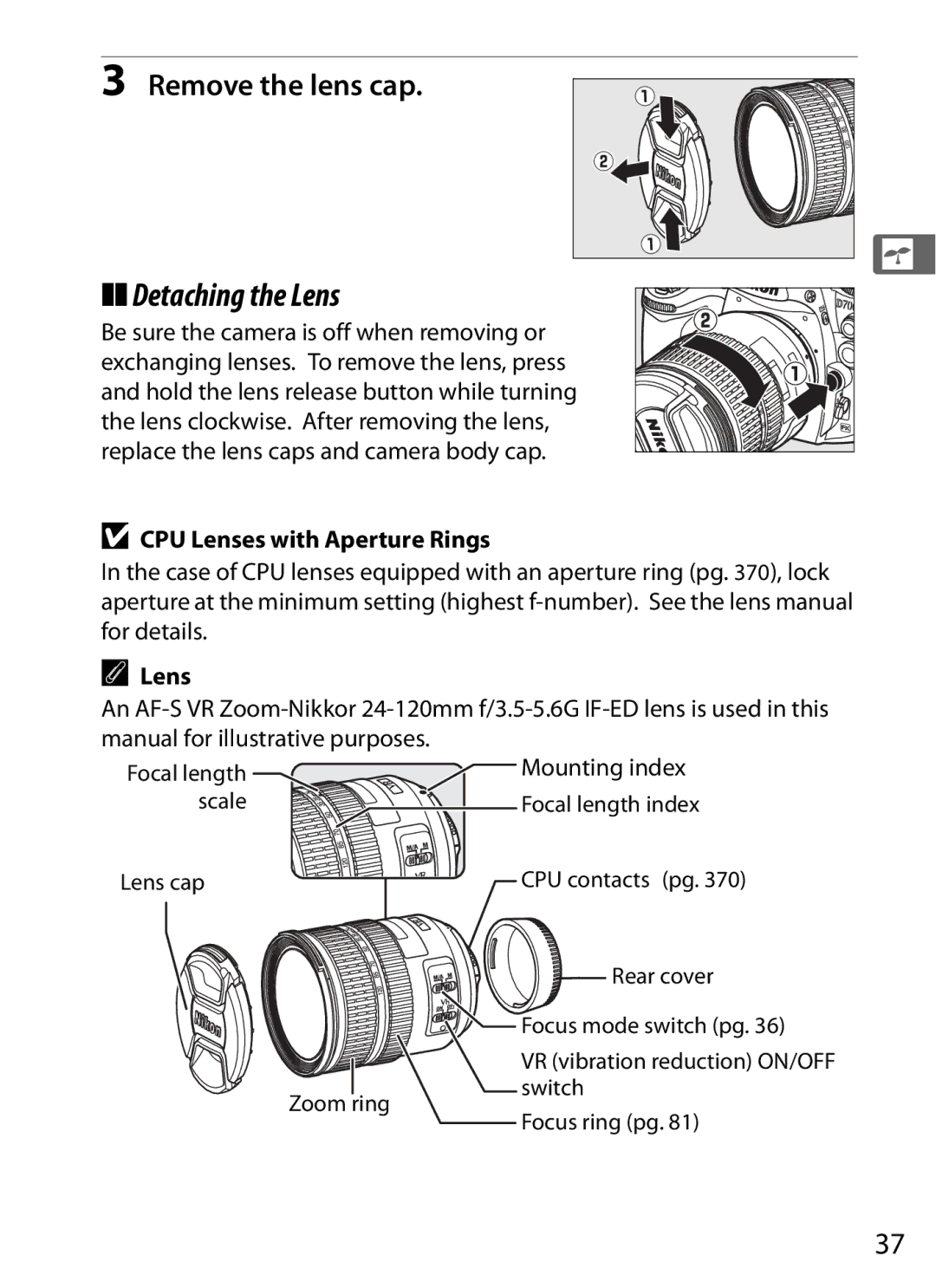 Nikon D700 manual Detaching the Lens, Remove the lens cap, CPU Lenses with Aperture Rings, Mounting index 