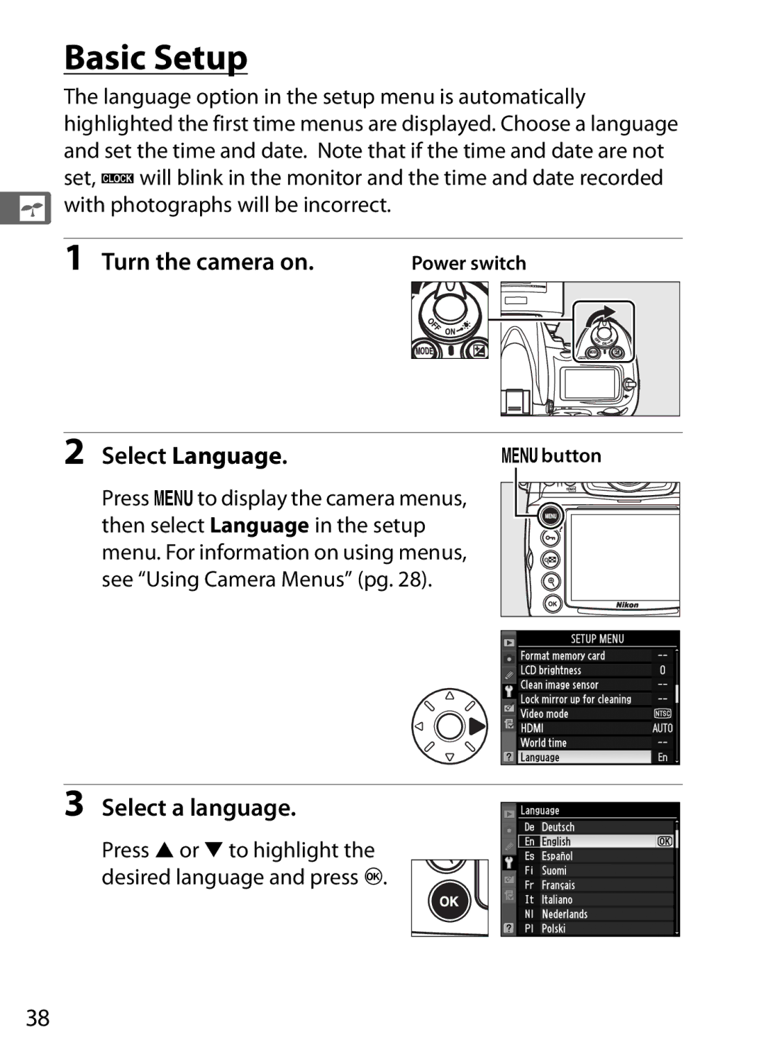 Nikon D700 manual Basic Setup, Turn the camera on, Select Language, Select a language 