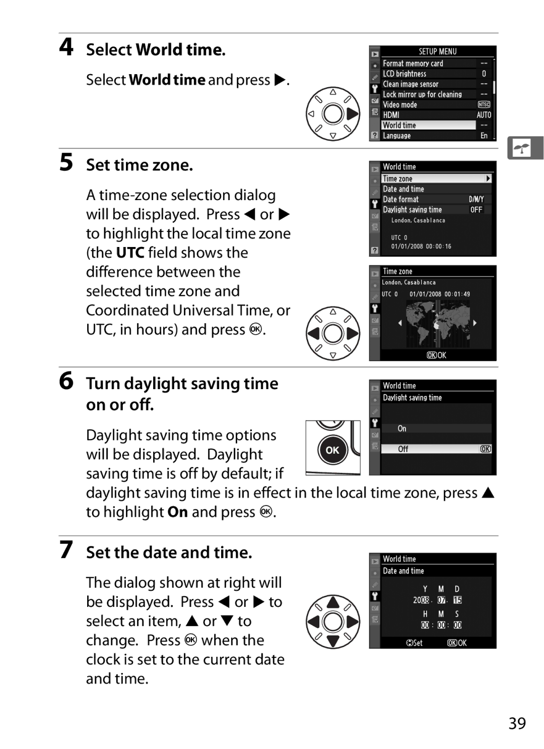 Nikon D700 manual Select World time, Set time zone, Turn daylight saving time on or off, Set the date and time 