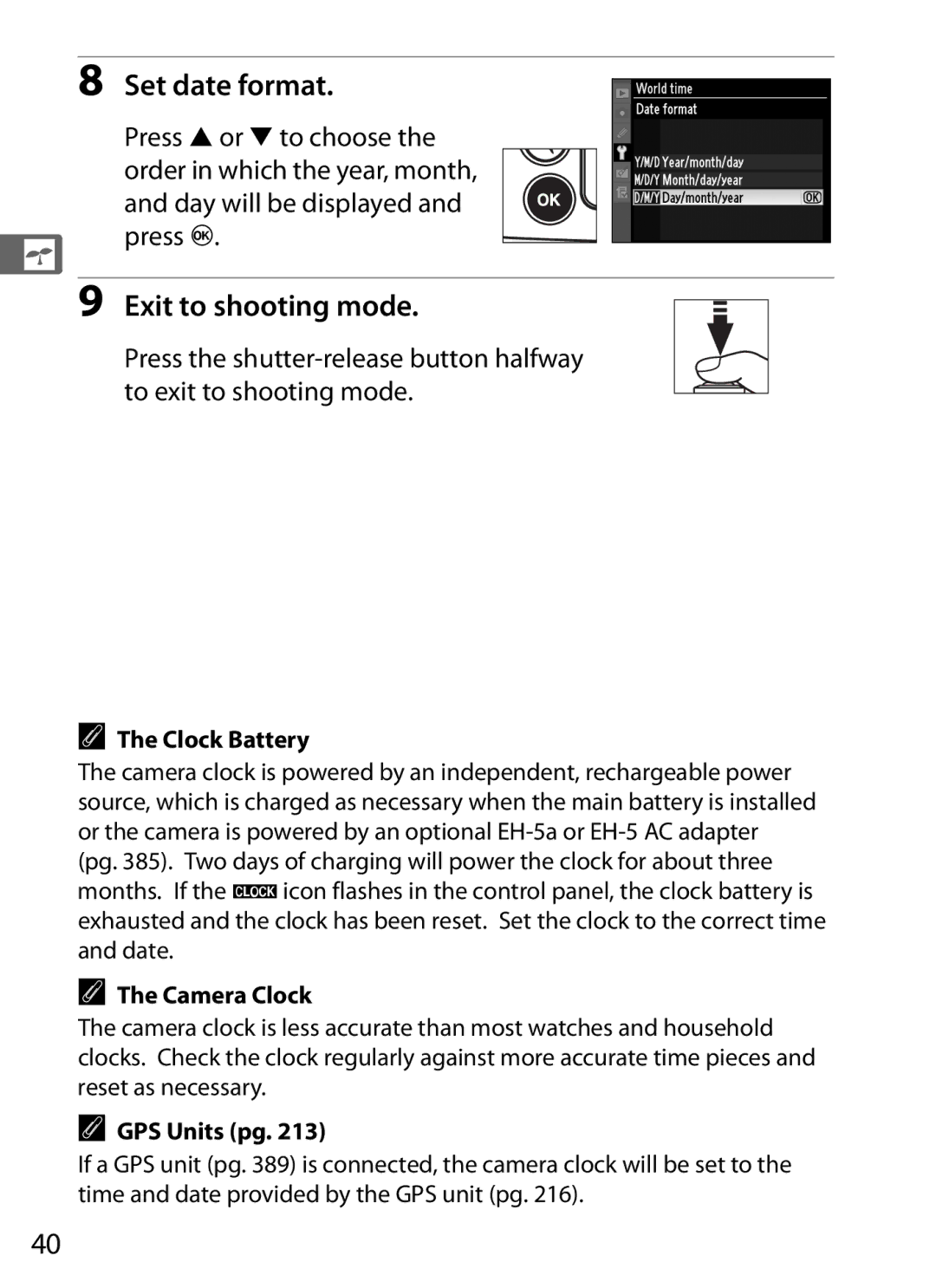 Nikon D700 manual Set date format, Exit to shooting mode, Clock Battery, Camera Clock, GPS Units pg 