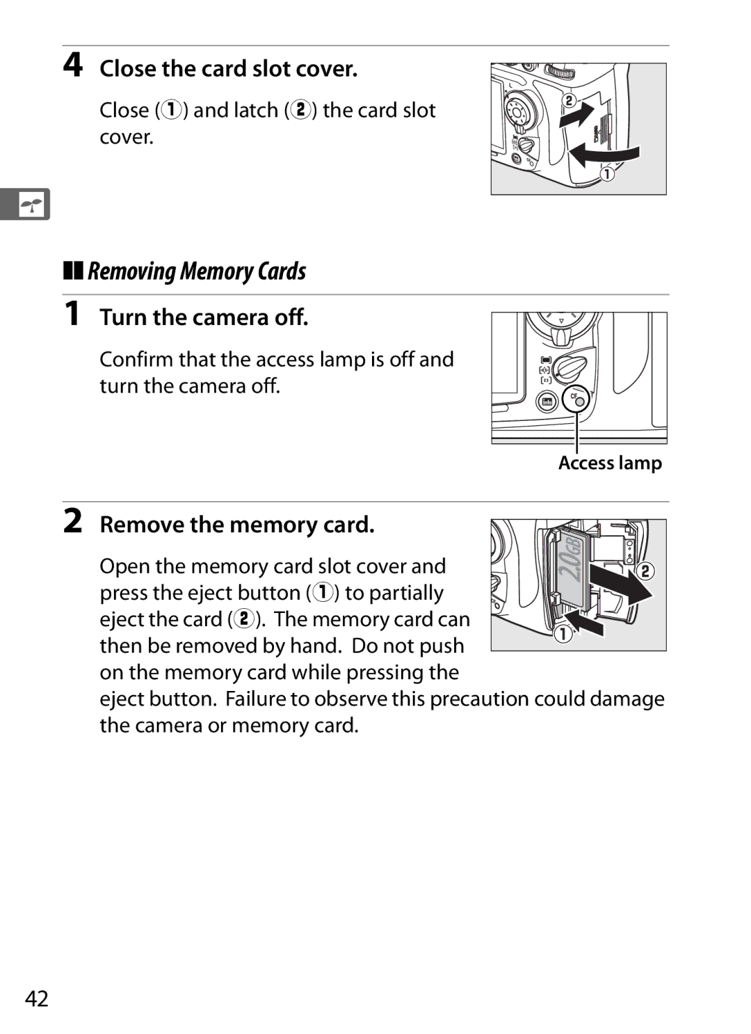 Nikon D700 manual Removing Memory Cards, Close the card slot cover, Remove the memory card 