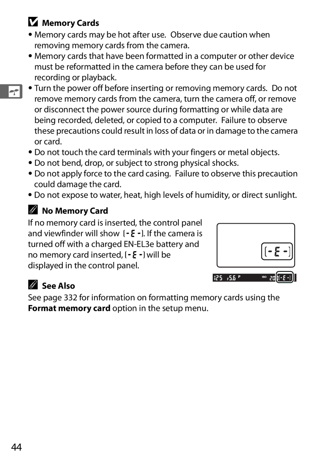 Nikon D700 manual Memory Cards, No Memory Card 