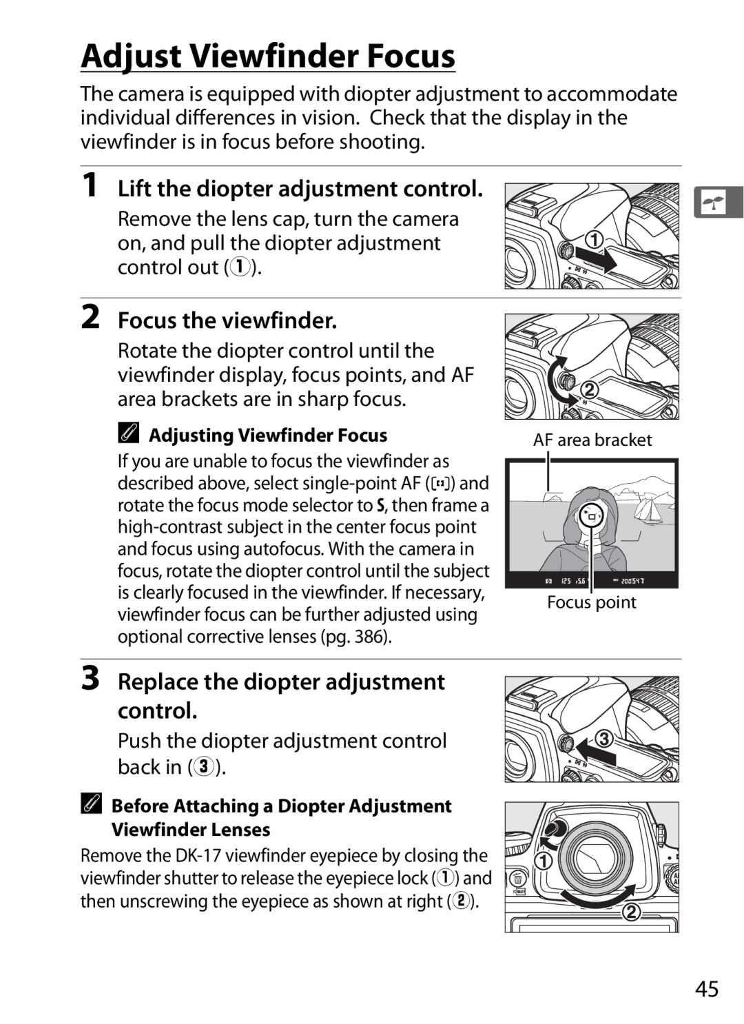 Nikon D700 manual Adjust Viewfinder Focus, Lift the diopter adjustment control, Focus the viewfinder 