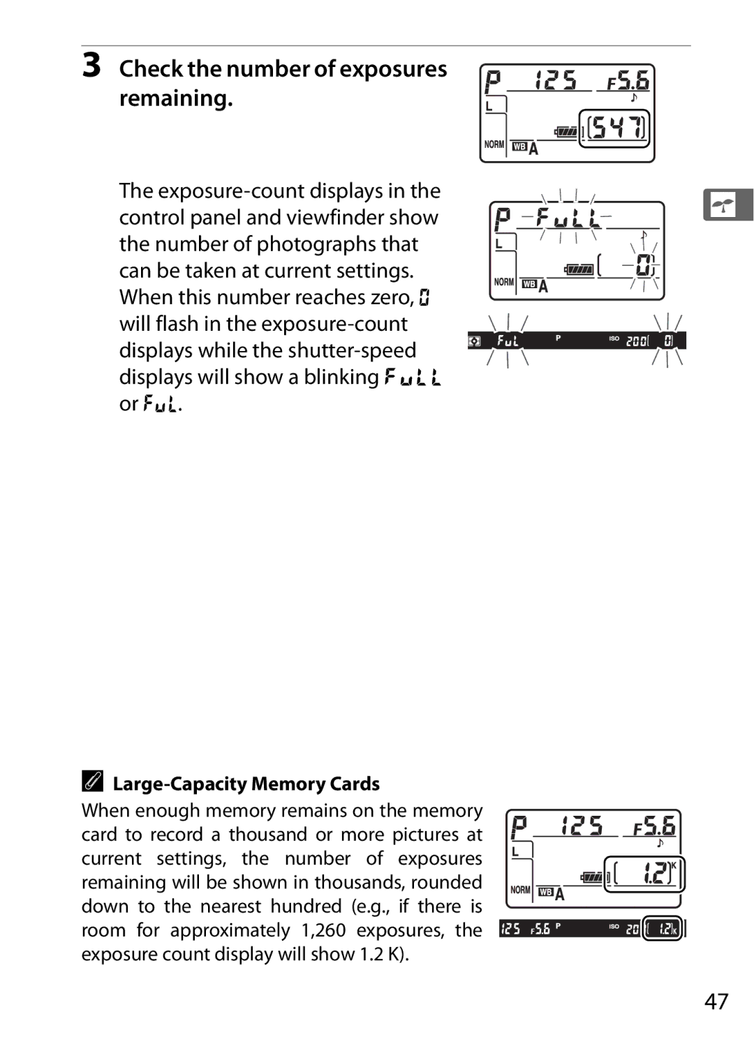 Nikon D700 manual Check the number of exposures remaining, Large-Capacity Memory Cards 