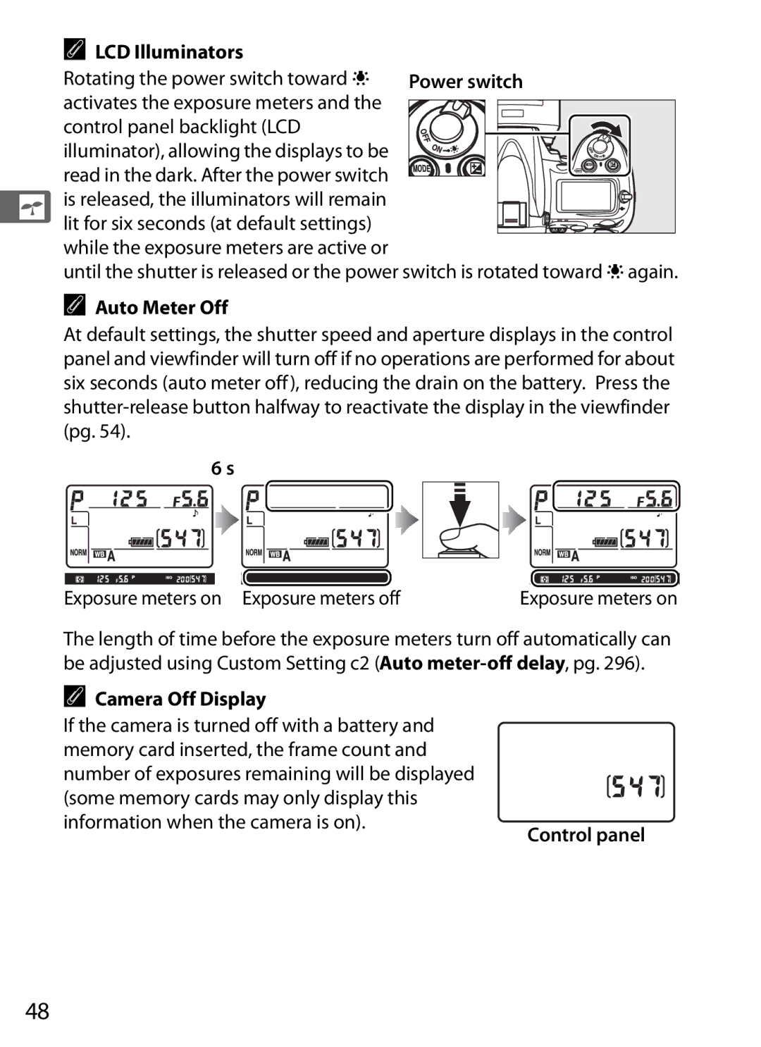 Nikon D700 manual LCD Illuminators, Auto Meter Off, Camera Off Display, Control panel 