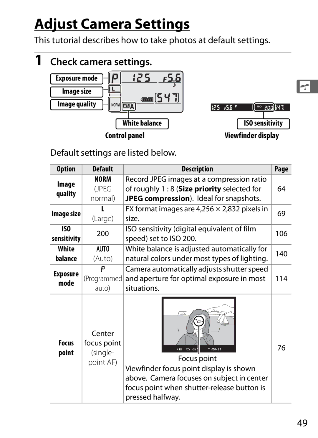 Nikon D700 manual Adjust Camera Settings, Check camera settings, Default settings are listed below 