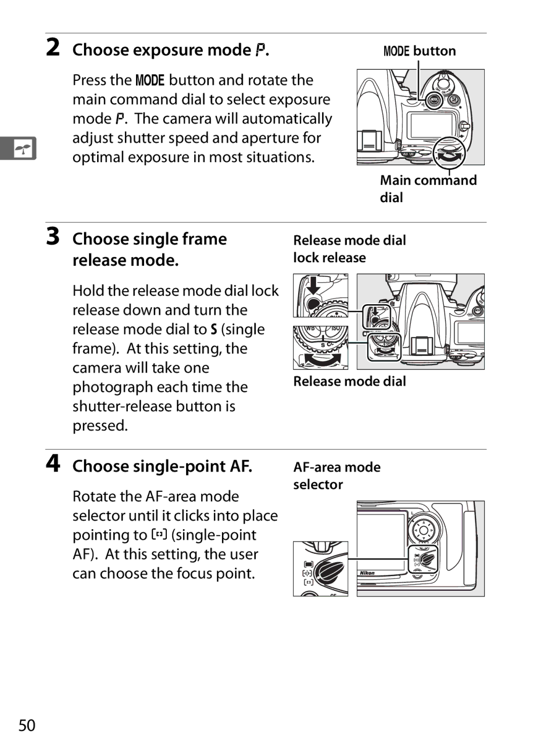 Nikon D700 Choose exposure mode e, Choose single-point AF, Main command dial, Release mode dial lock release, Selector 