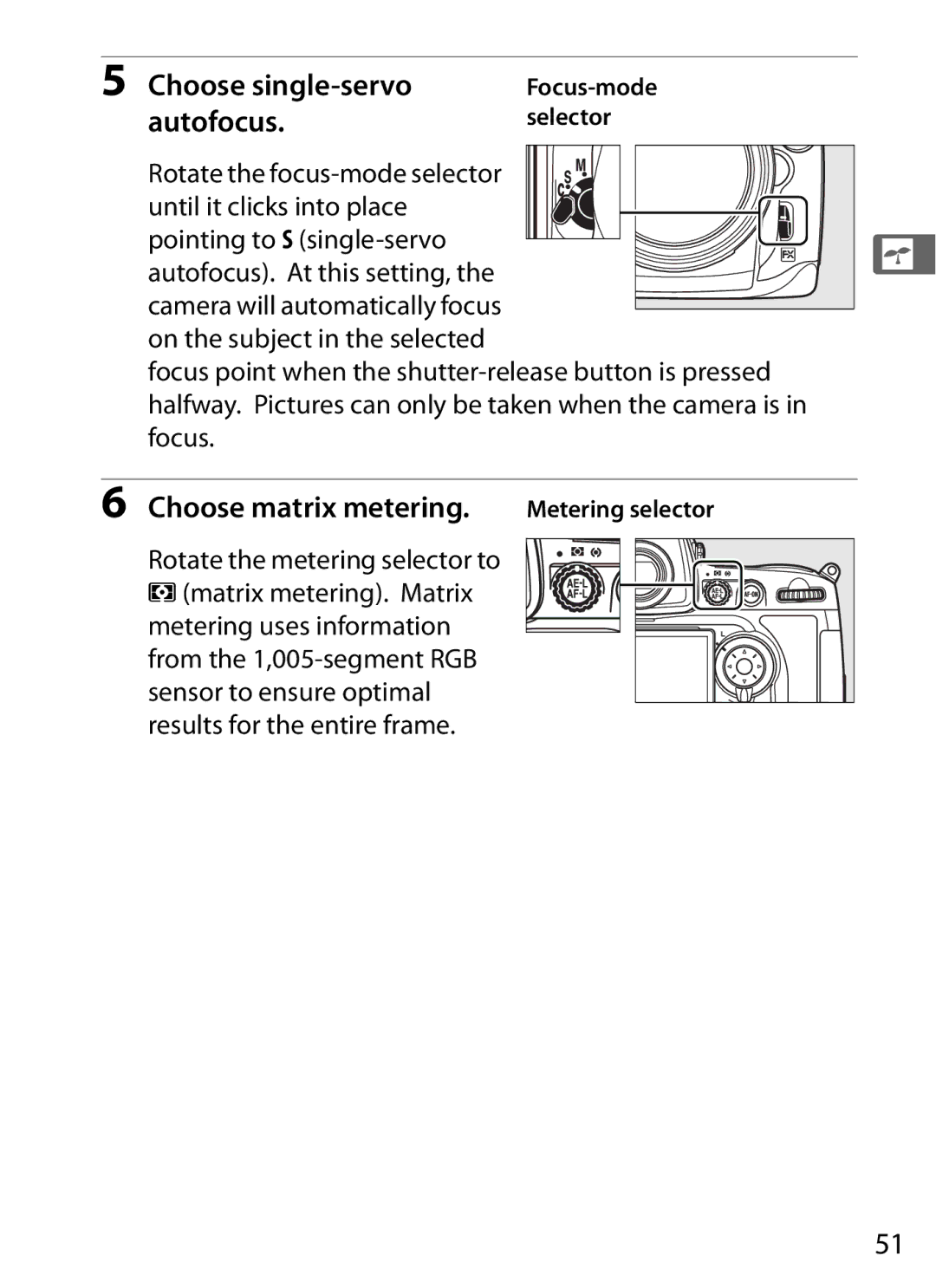 Nikon D700 manual Choose single-servo, Autofocus, Choose matrix metering 