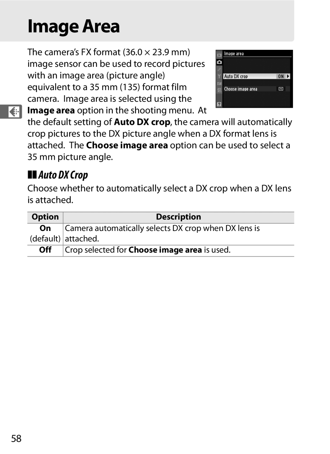 Nikon D700 manual Image Area, Auto DX Crop, Mm picture angle, Attached, Off Crop selected for Choose image area is used 