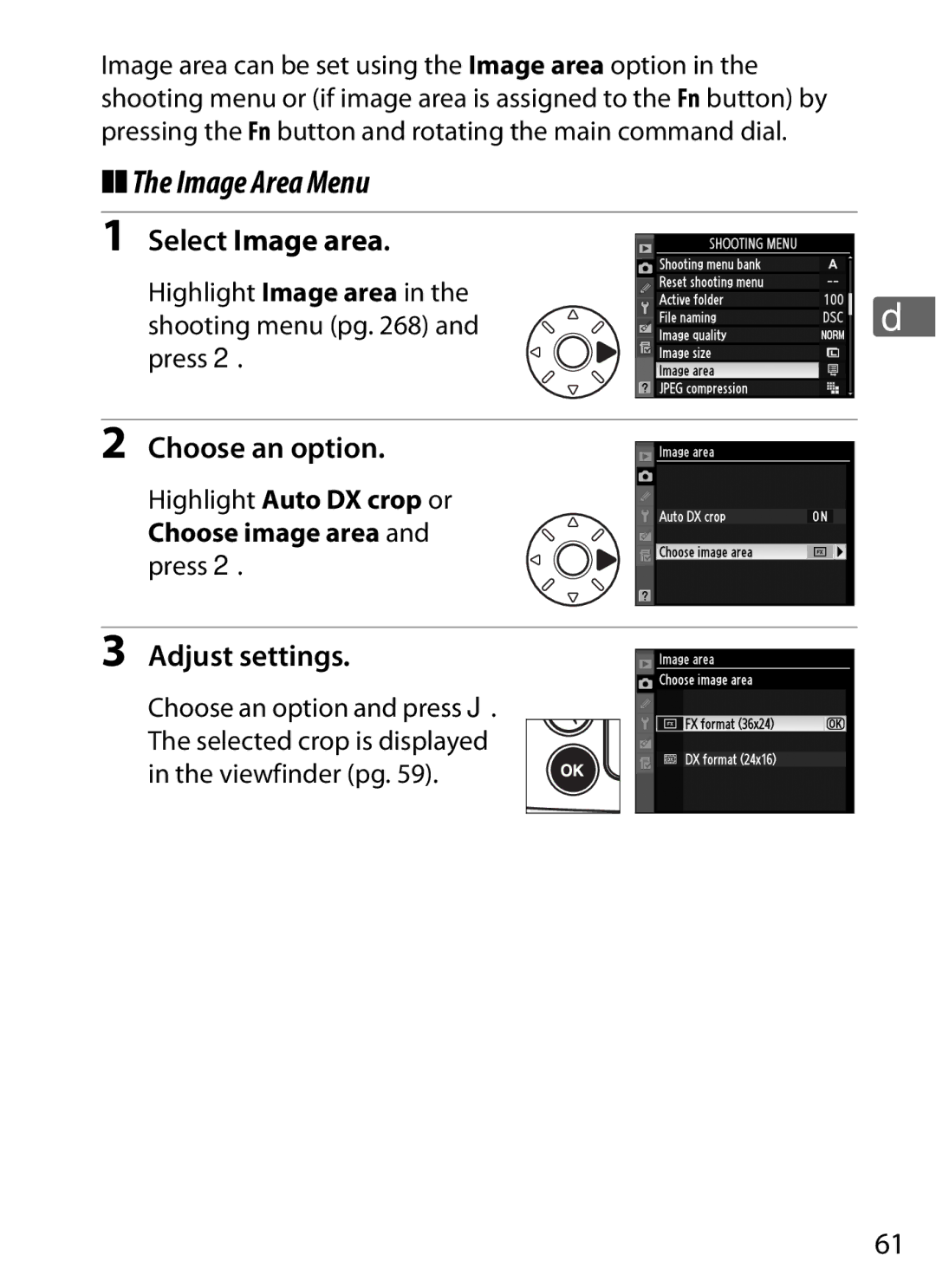 Nikon D700 manual Image Area Menu, Select Image area, Choose an option, Adjust settings 