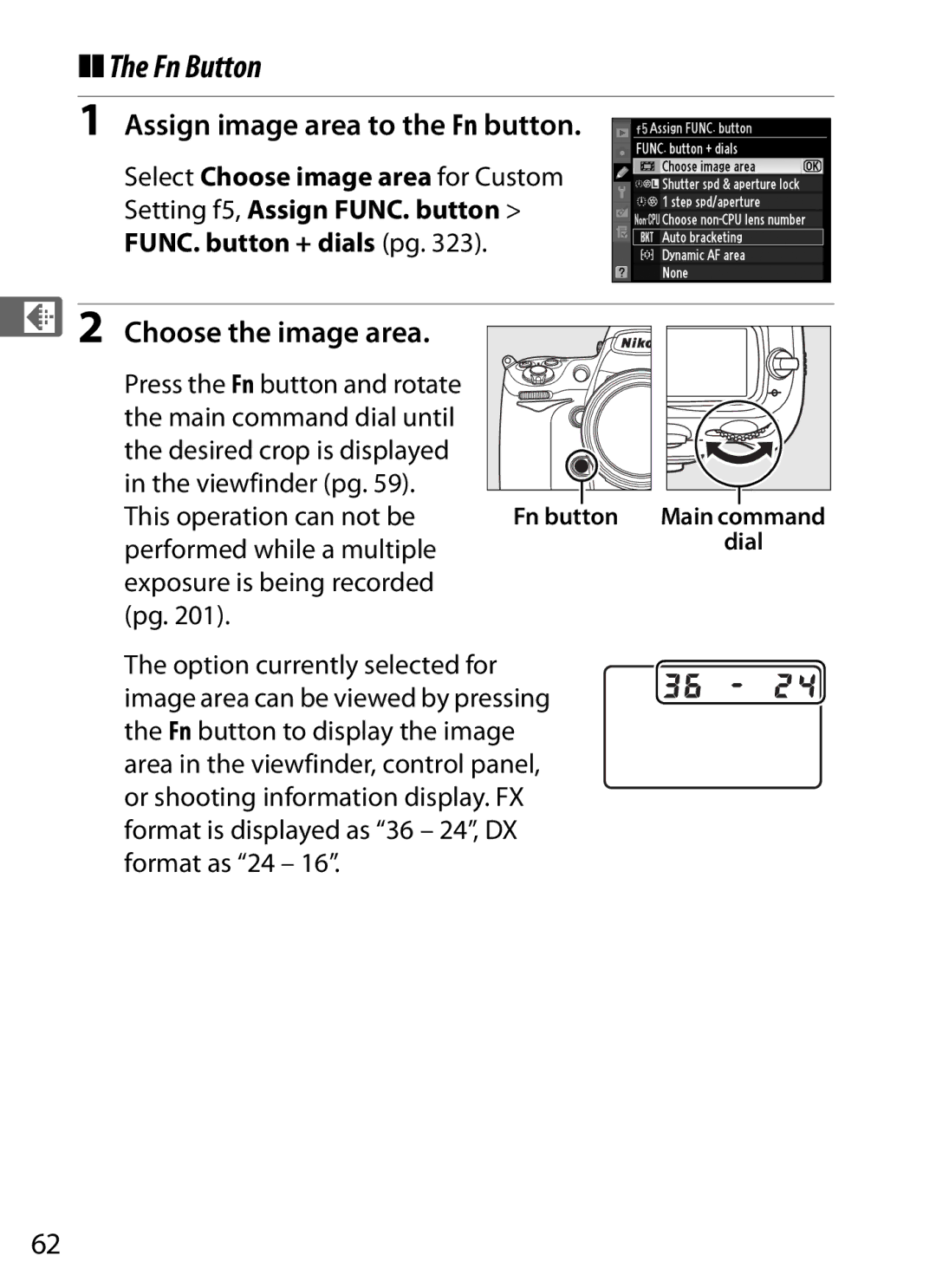 Nikon D700 manual Fn Button, Assign image area to the Fn button, Choose the image area, Fn button Main command dial 