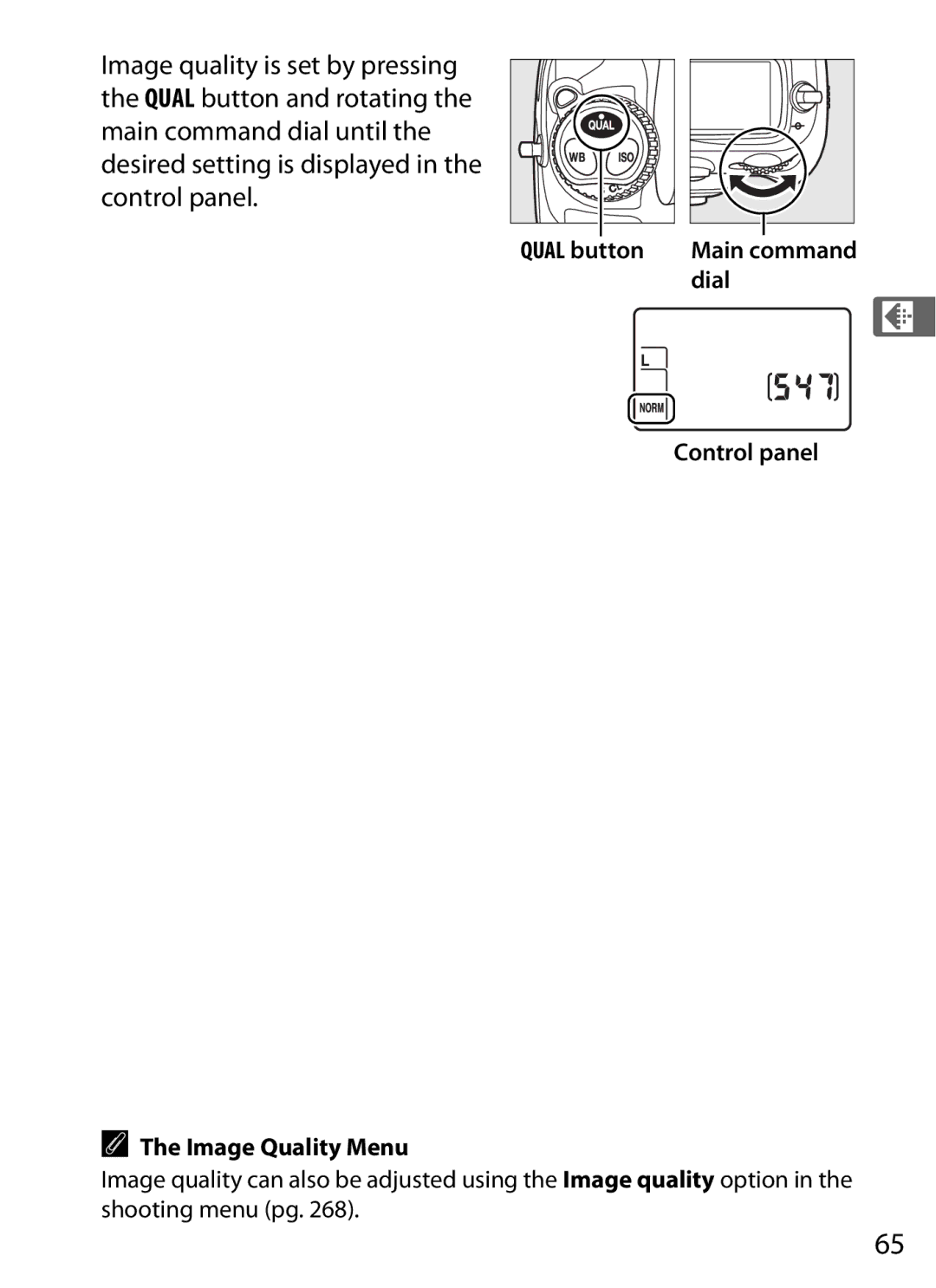 Nikon D700 manual Dial, Control panel Image Quality Menu 