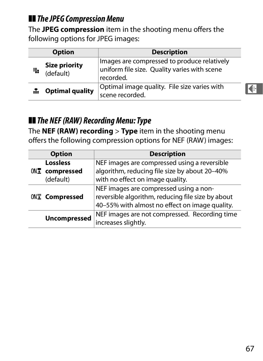 Nikon D700 manual Jpeg Compression Menu, NEF RAW Recording Menu Type 