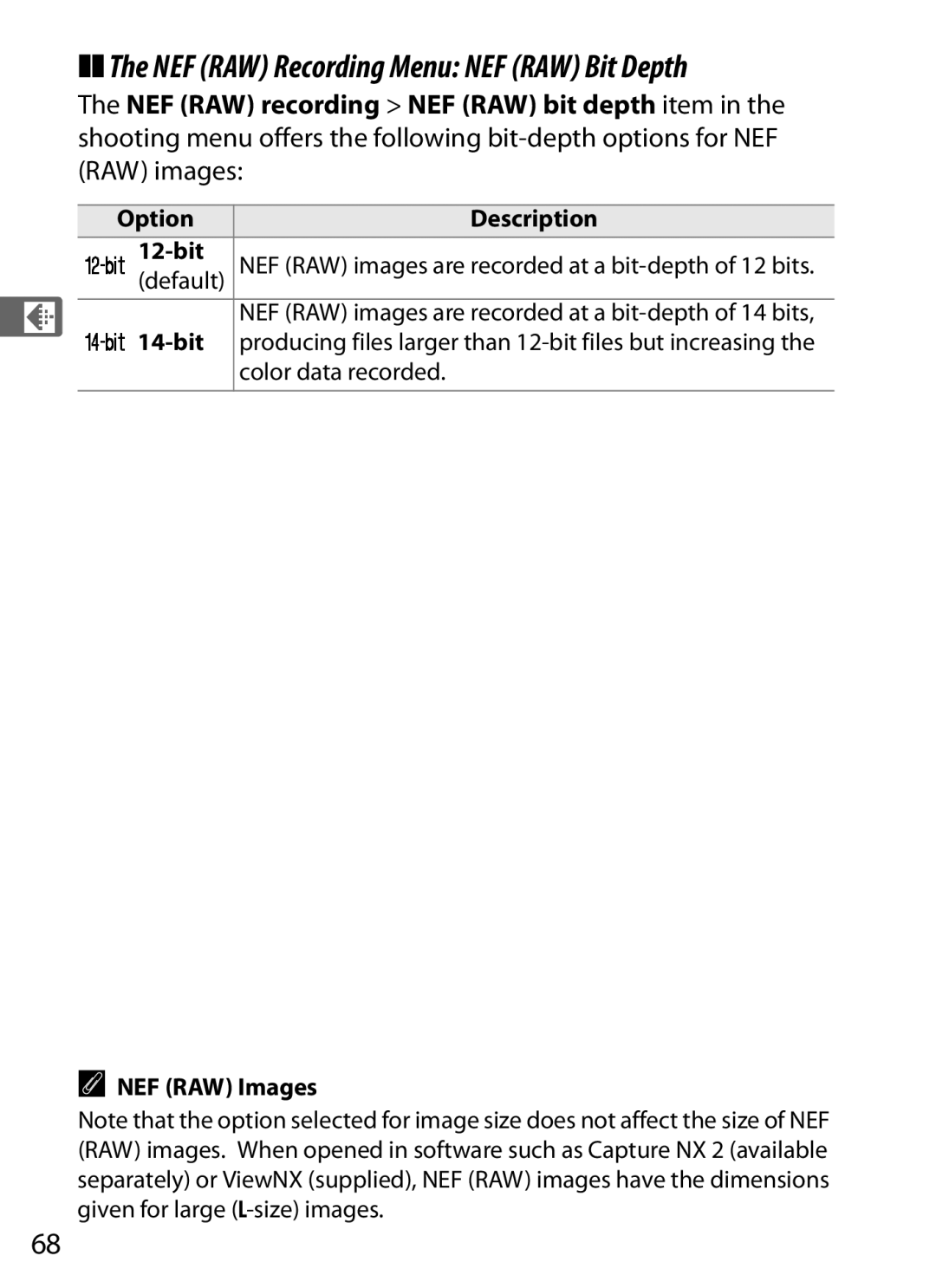 Nikon D700 manual Option Description 12-bit, 14-bit, Color data recorded, NEF RAW Images 