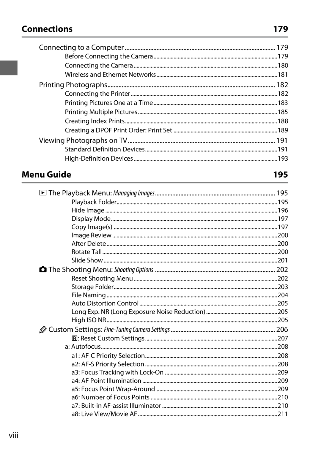 Nikon D7000 18105mm Kit, D7000 18200mm Kit, D7000 (18105mm Kit), D7000 (18200mm Kit) Connections 179, Menu Guide 195, Viii 