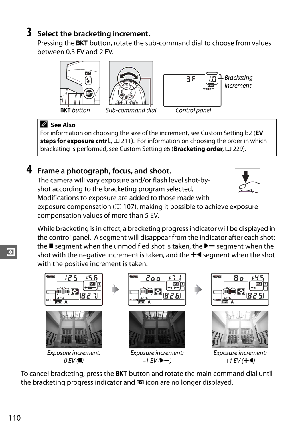 Nikon D7000 18105mm Kit, 25474 Select the bracketing increment, 110, Camera will vary exposure and/or flash level shot-by 