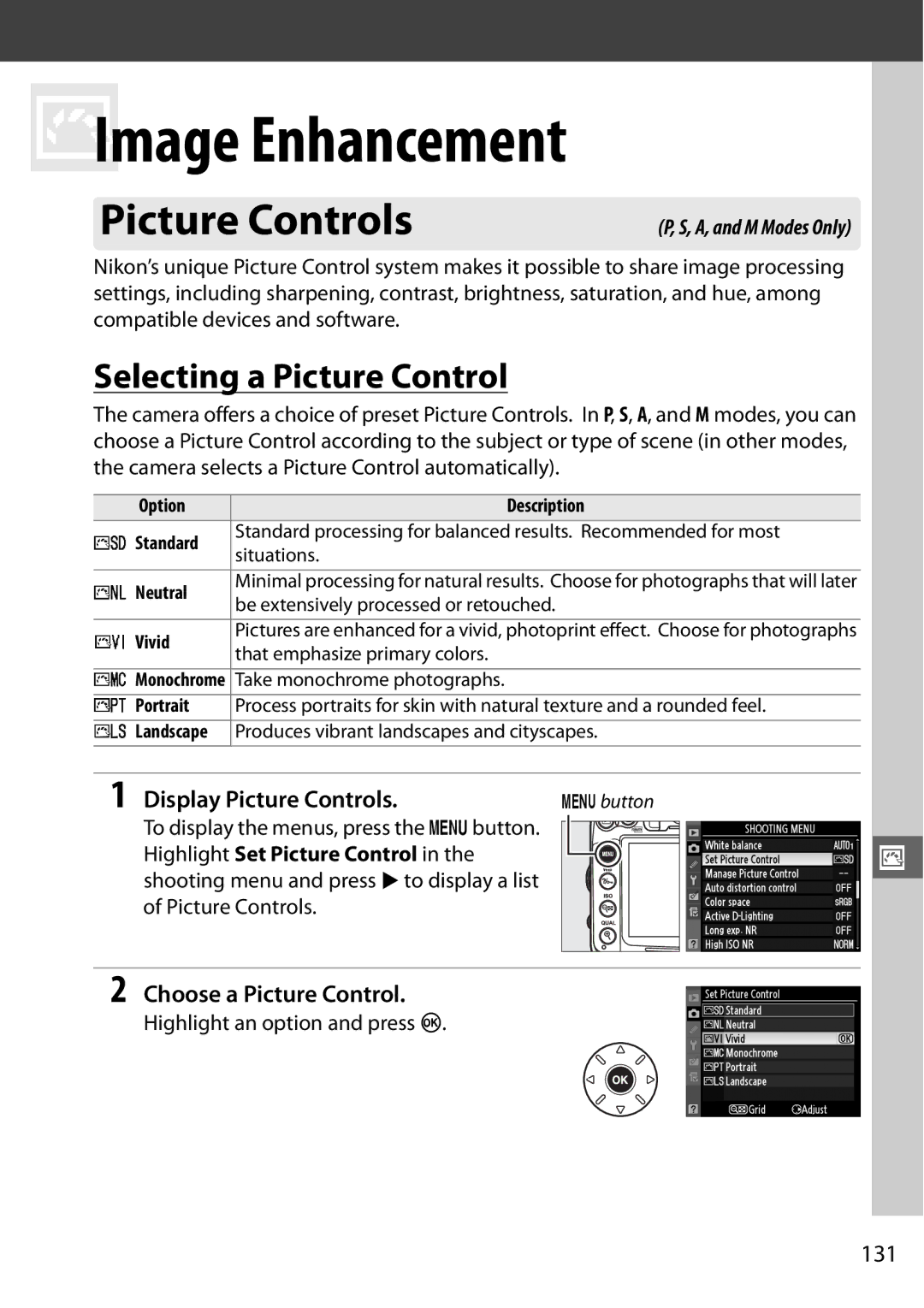 Nikon 25468B, D7000 18200mm Kit, 25474 Selecting a Picture Control, Display Picture Controls, Choose a Picture Control, 131 