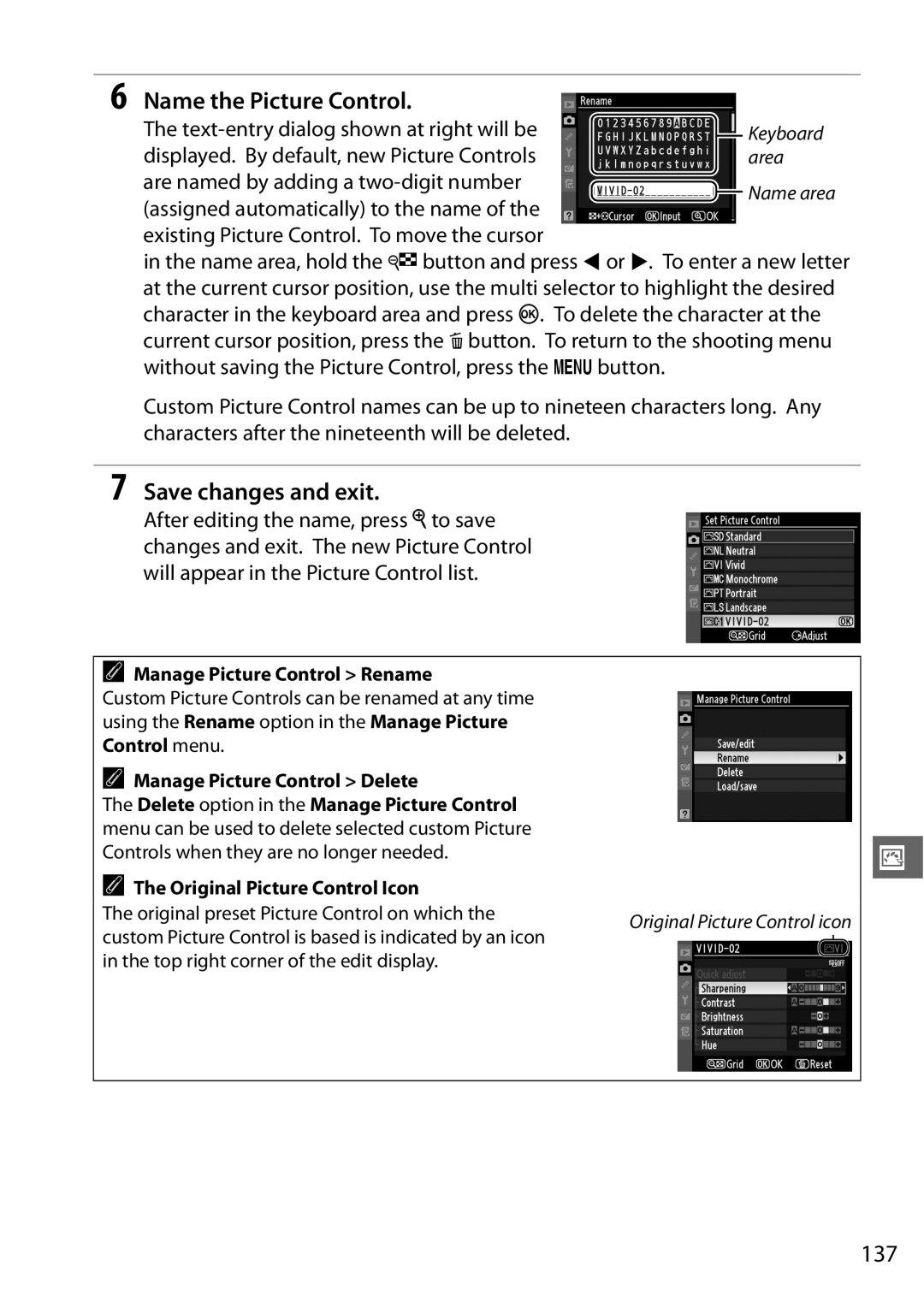 Nikon 25474, D7000 18200mm Kit Name the Picture Control, 137, Manage Picture Control Rename, Manage Picture Control Delete 
