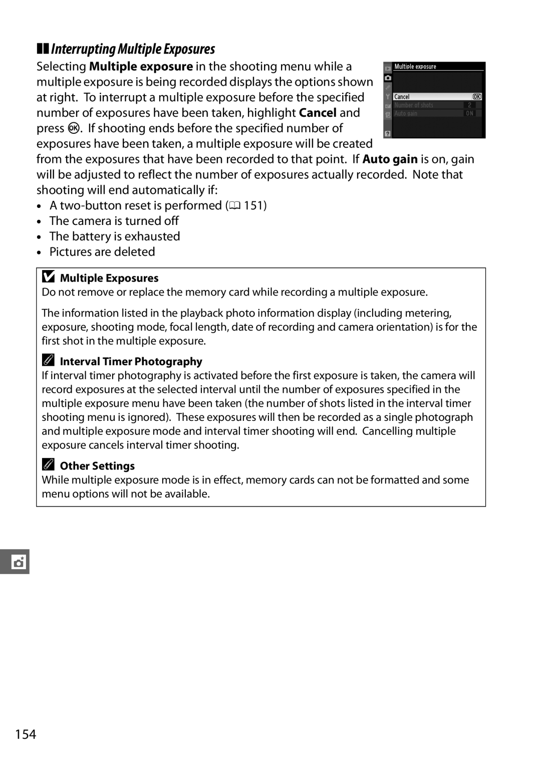 Nikon 25468, D7000 18200mm Kit, 25474 Interrupting Multiple Exposures, 154, Interval Timer Photography, Other Settings 