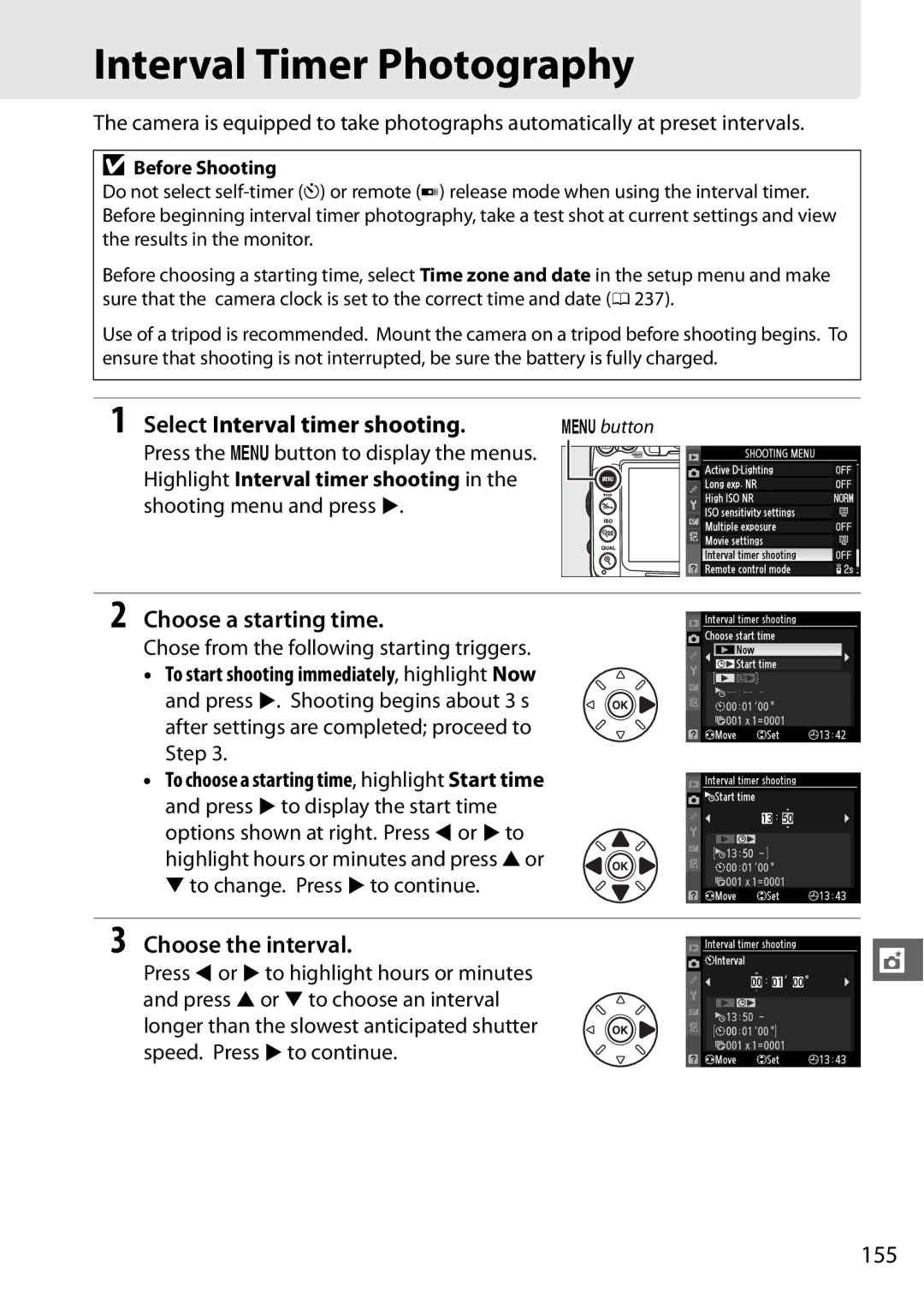 Nikon 25468B Interval Timer Photography, Select Interval timer shooting, Choose a starting time, Choose the interval, 155 