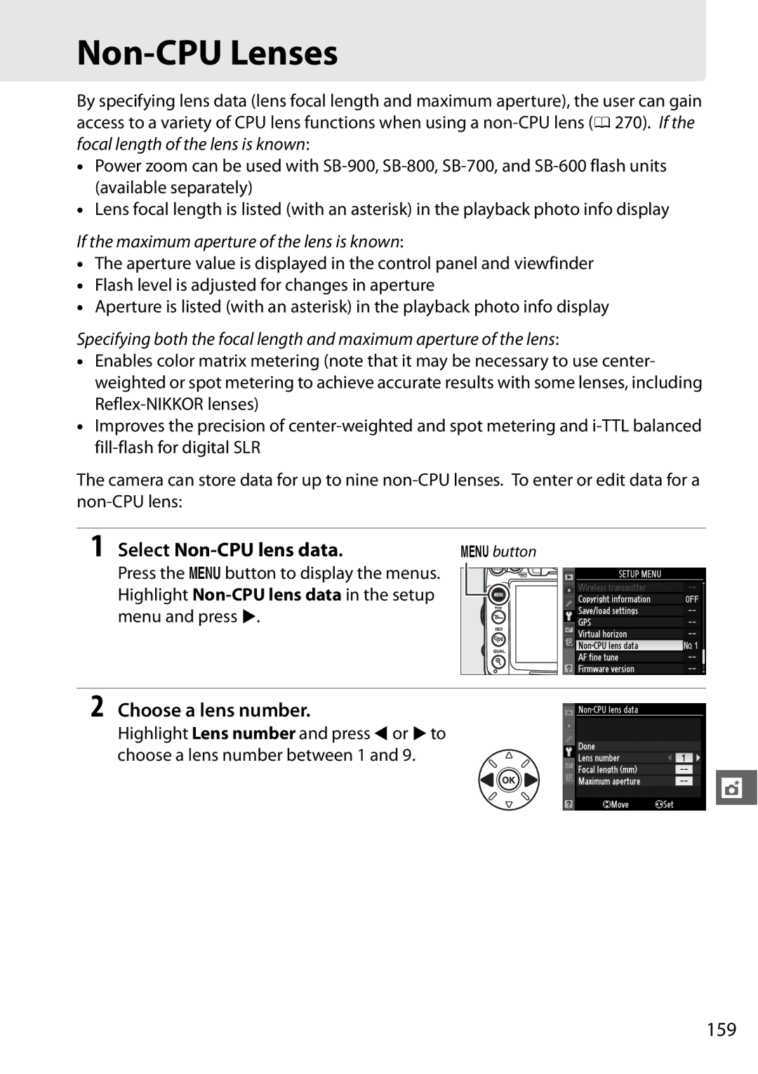 Nikon D7000 18200mm Kit, D7000 (18105mm Kit), 25474 Non-CPU Lenses, Select Non-CPU lens data, Choose a lens number, 159 