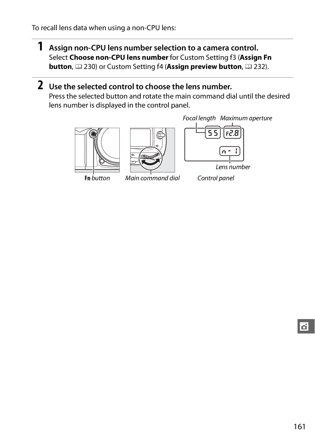 Nikon 25474 Assign non-CPU lens number selection to a camera control, Use the selected control to choose the lens number 