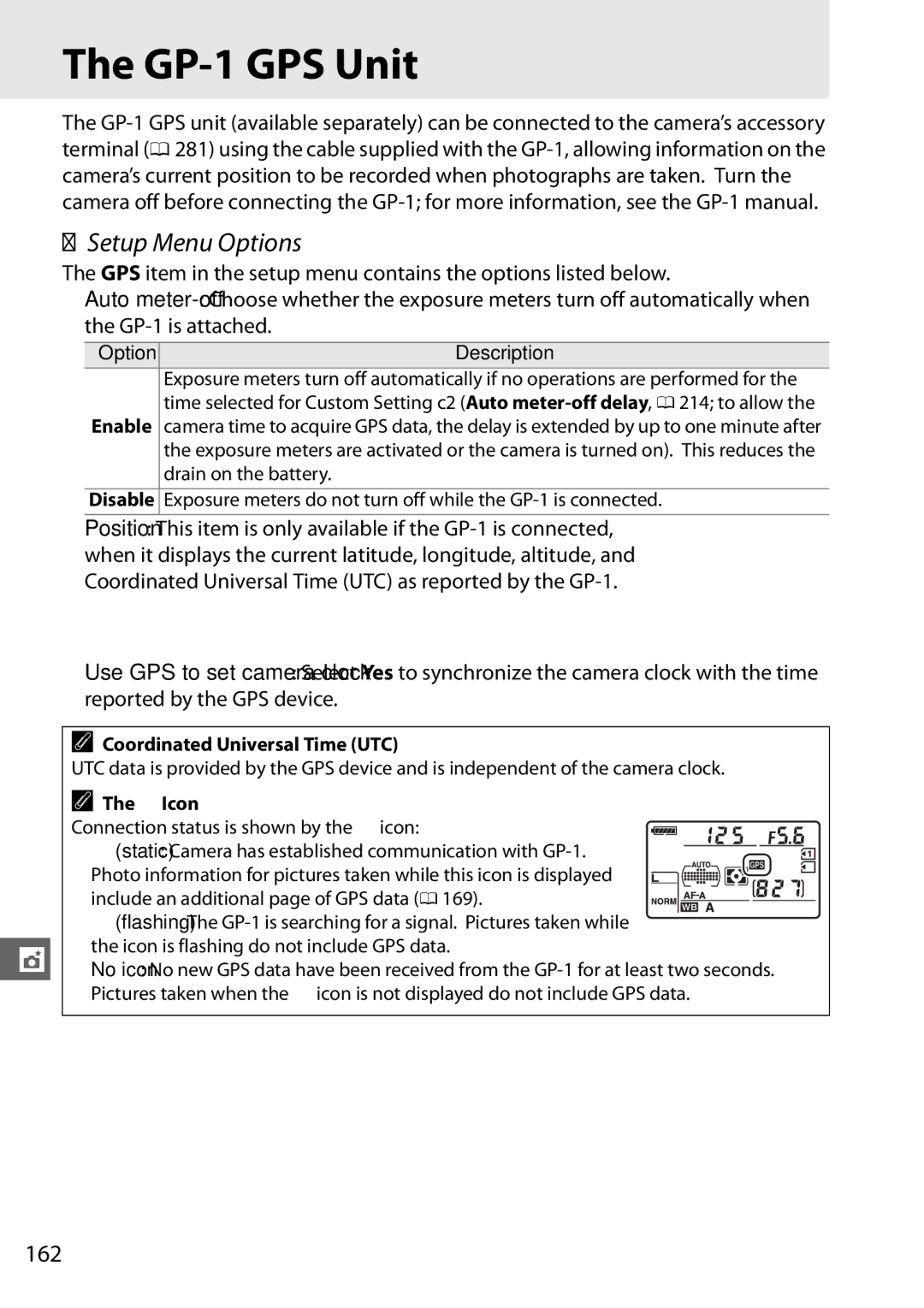 Nikon D7000 18200mm Kit, D7000 (18105mm Kit), D7000 18105mm Kit, 25474, 25468B GP-1 GPS Unit, Setup Menu Options, 162 