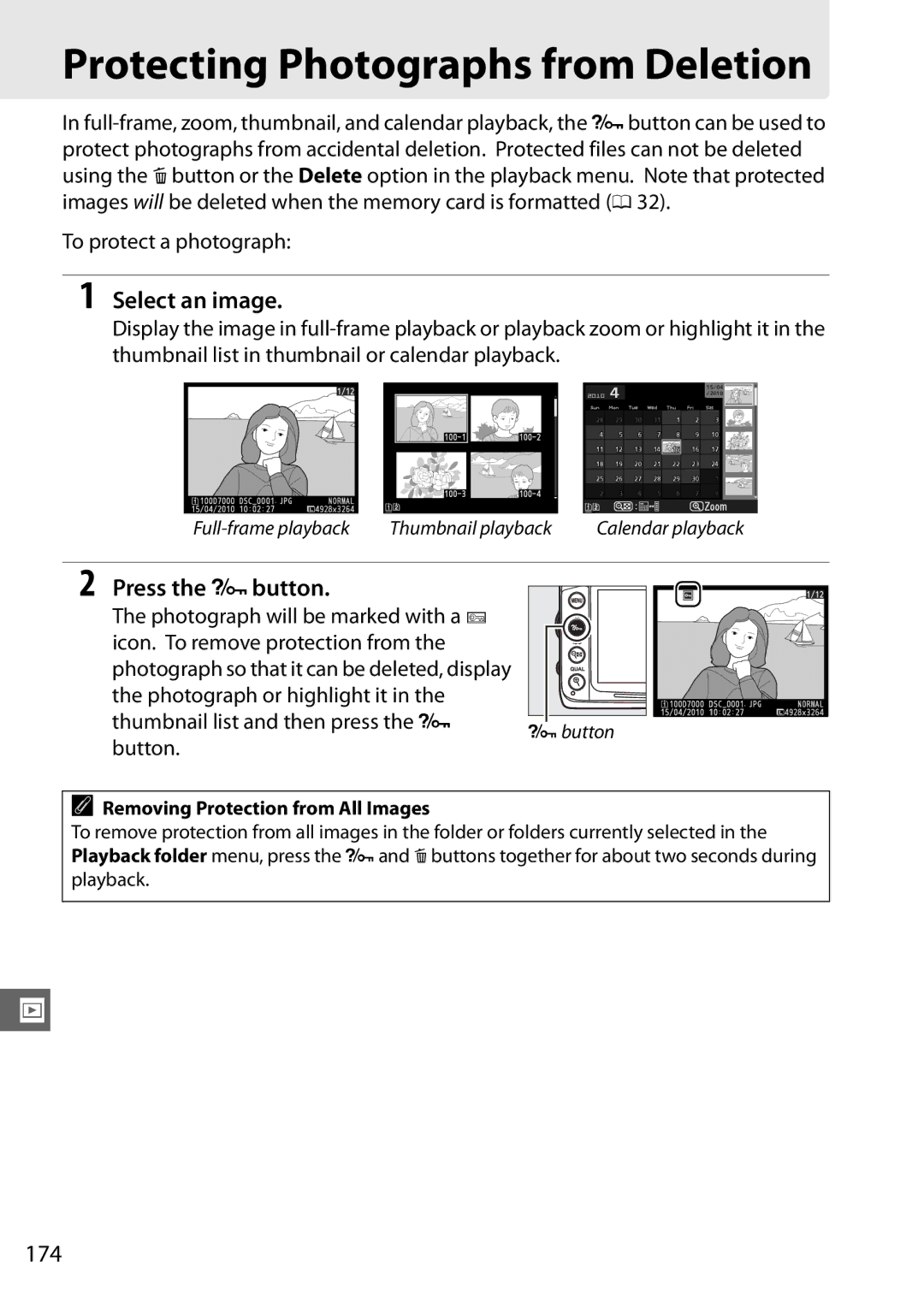 Nikon D7000 18105mm Kit, 25474 Protecting Photographs from Deletion, Select an image, Press the L button, 174, Button 