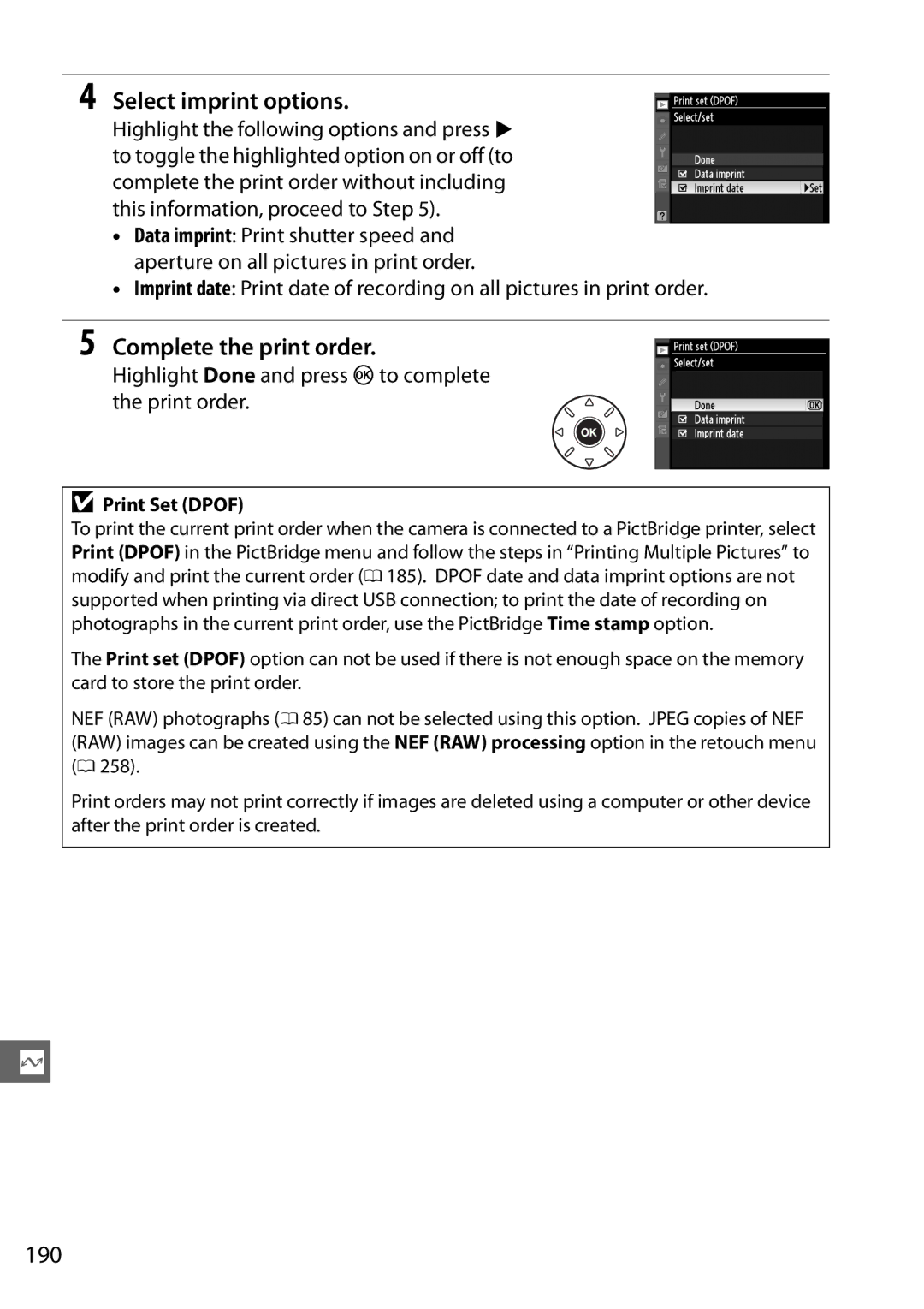 Nikon D7000 18105mm Kit, D7000 18200mm Kit, 25474 Select imprint options, Complete the print order, 190, Print Set Dpof 