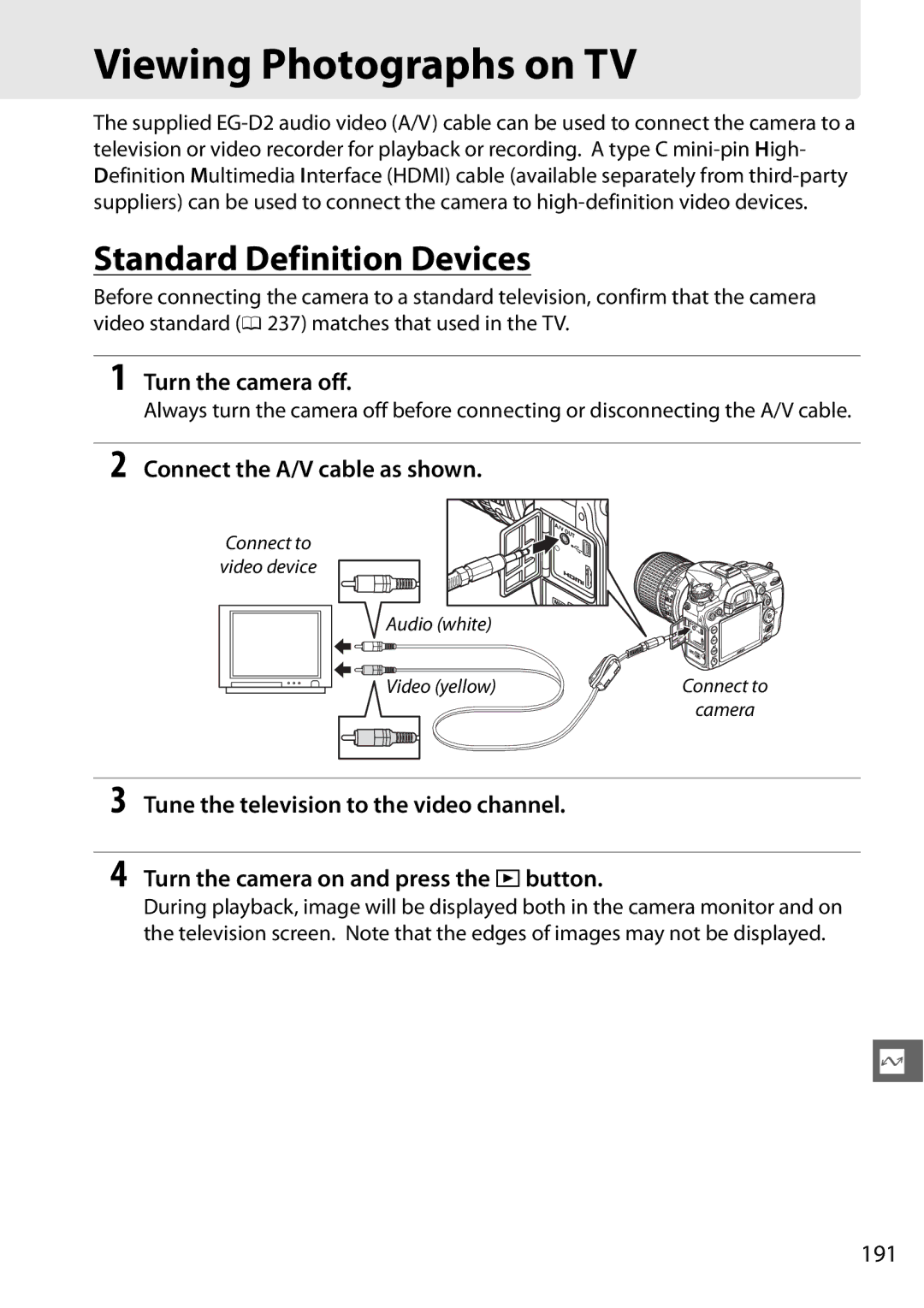 Nikon D7000 18200mm Kit Viewing Photographs on TV, Standard Definition Devices, Connect the A/V cable as shown, 191 