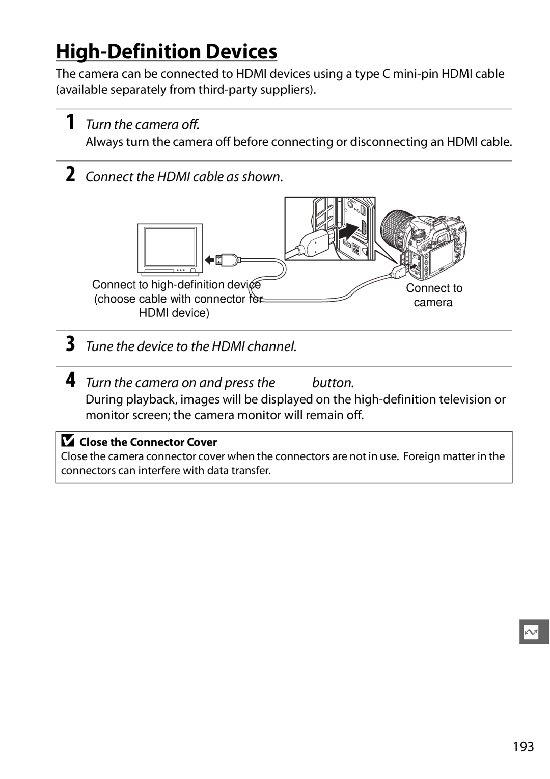 Nikon 25474, D7000 18200mm Kit, D7000 (18105mm Kit), 25468 High-Definition Devices, Connect the Hdmi cable as shown, 193 