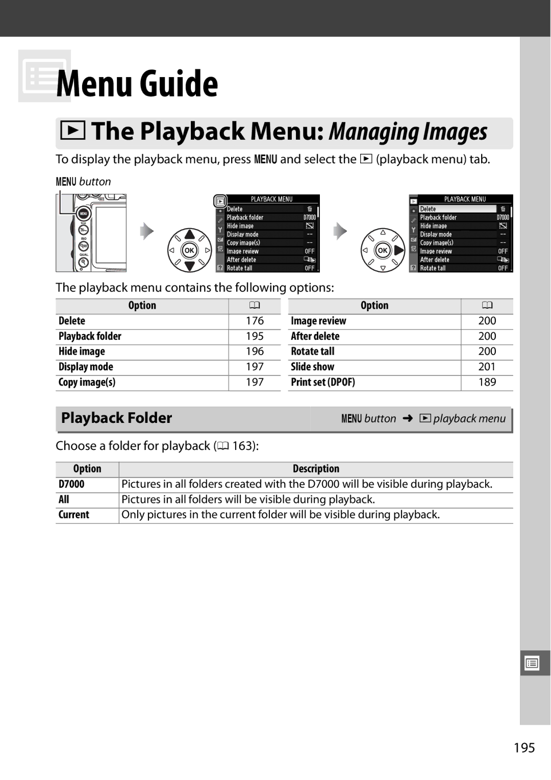 Nikon 25468B, D7000 Playback Folder, 195, Playback menu contains the following options, Choose a folder for playback 0 