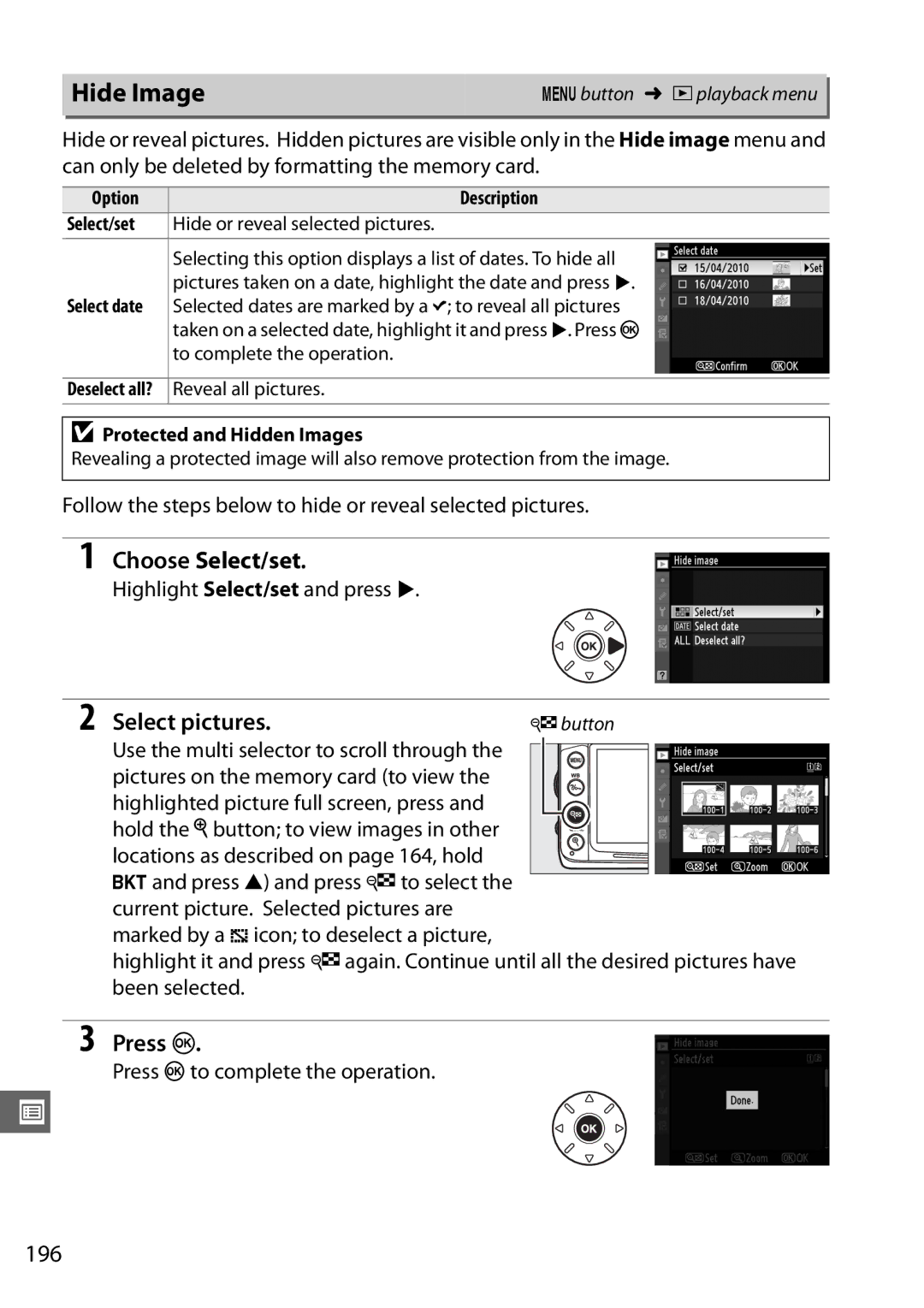 Nikon D7000 18200mm Kit, D7000 (18105mm Kit), D7000 18105mm Kit Hide Image, Choose Select/set, Select pictures.Wbutton, 196 