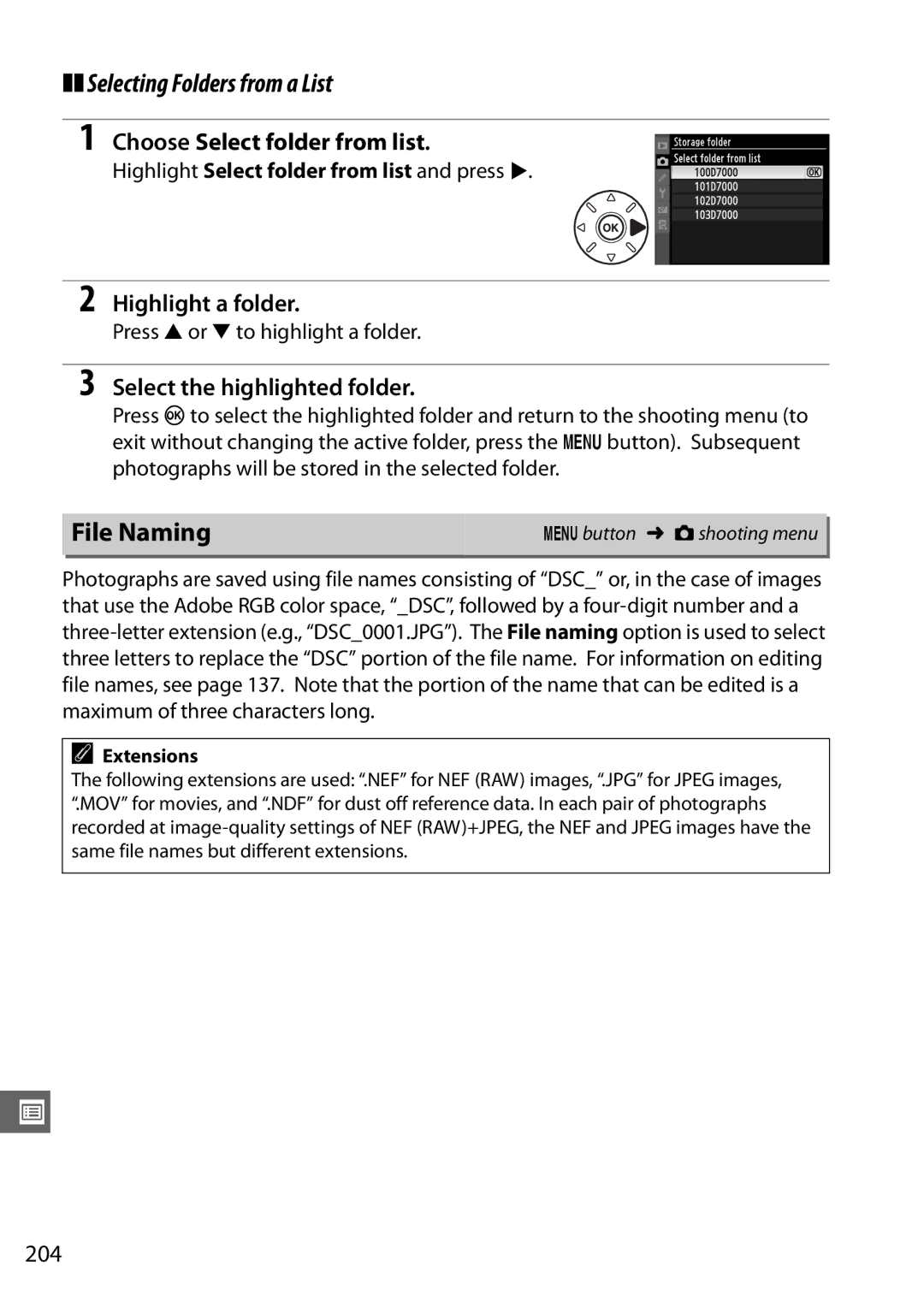 Nikon D7000 18200mm Kit Selecting Folders from a List, File Naming, Choose Select folder from list, Highlight a folder 