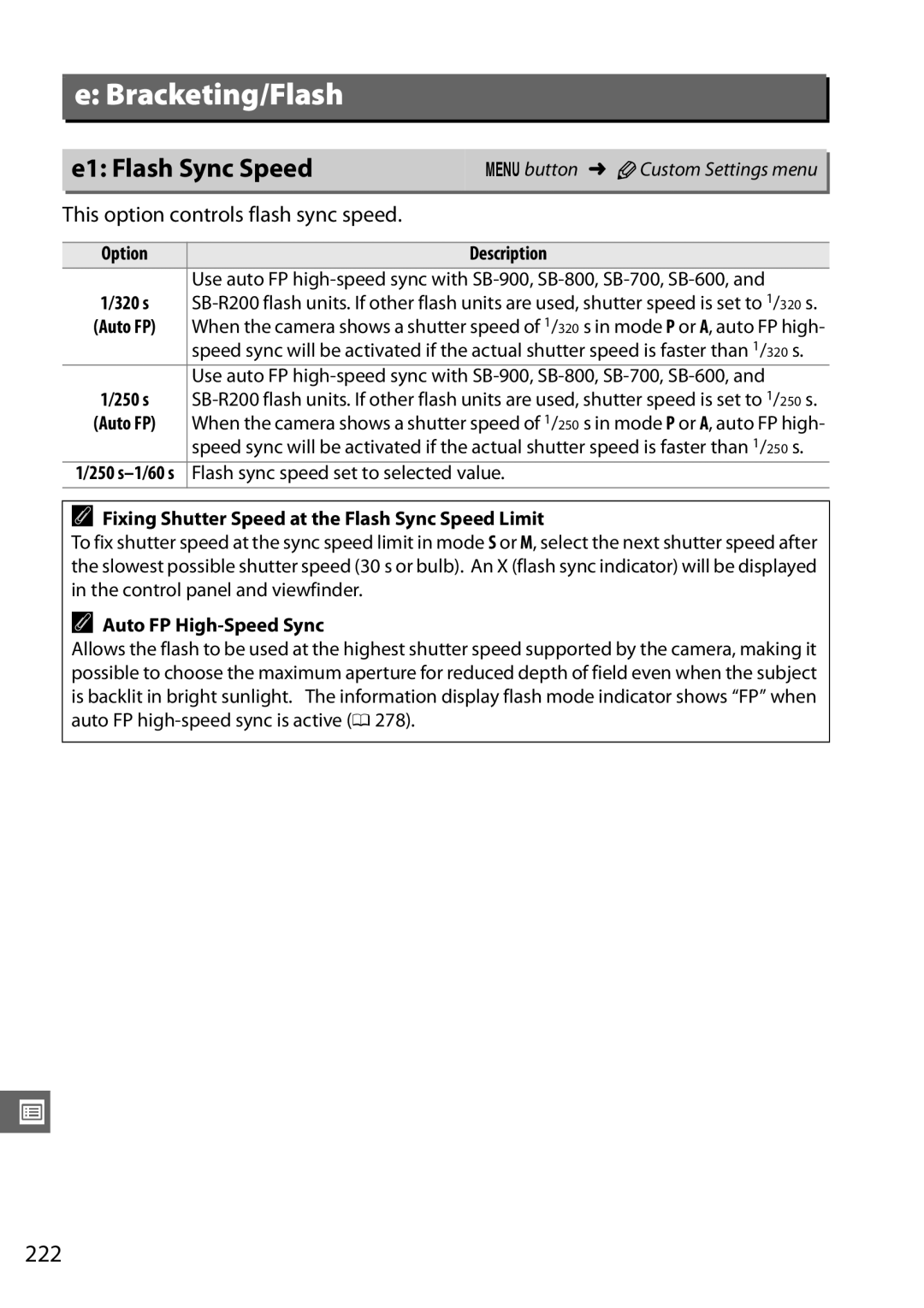 Nikon D7000 18105mm Kit, 25474 E1 Flash Sync Speed, 222, This option controls flash sync speed, Auto FP High-Speed Sync 