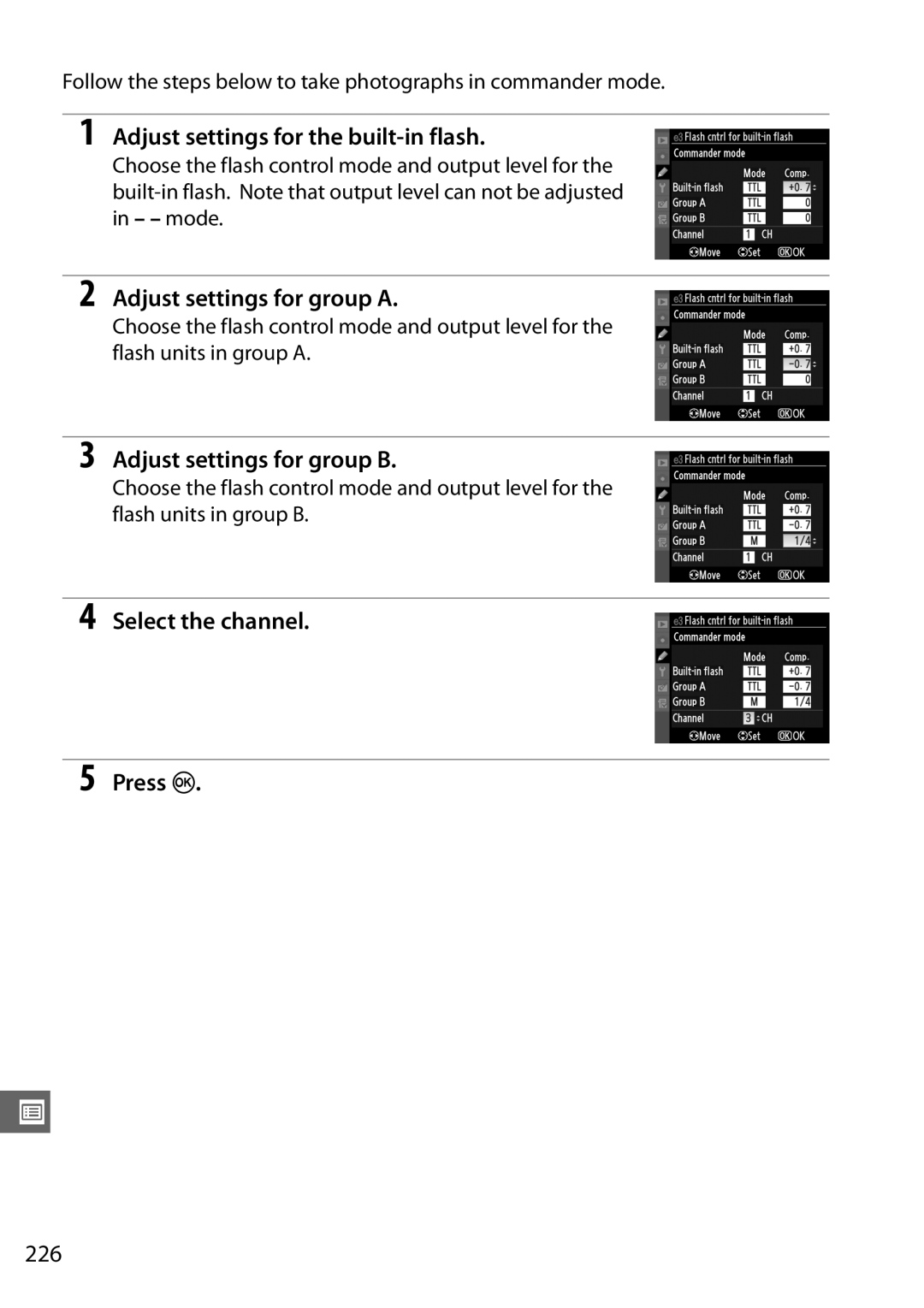 Nikon 25468, D7000 Adjust settings for the built-in flash, Adjust settings for group a, Adjust settings for group B, 226 