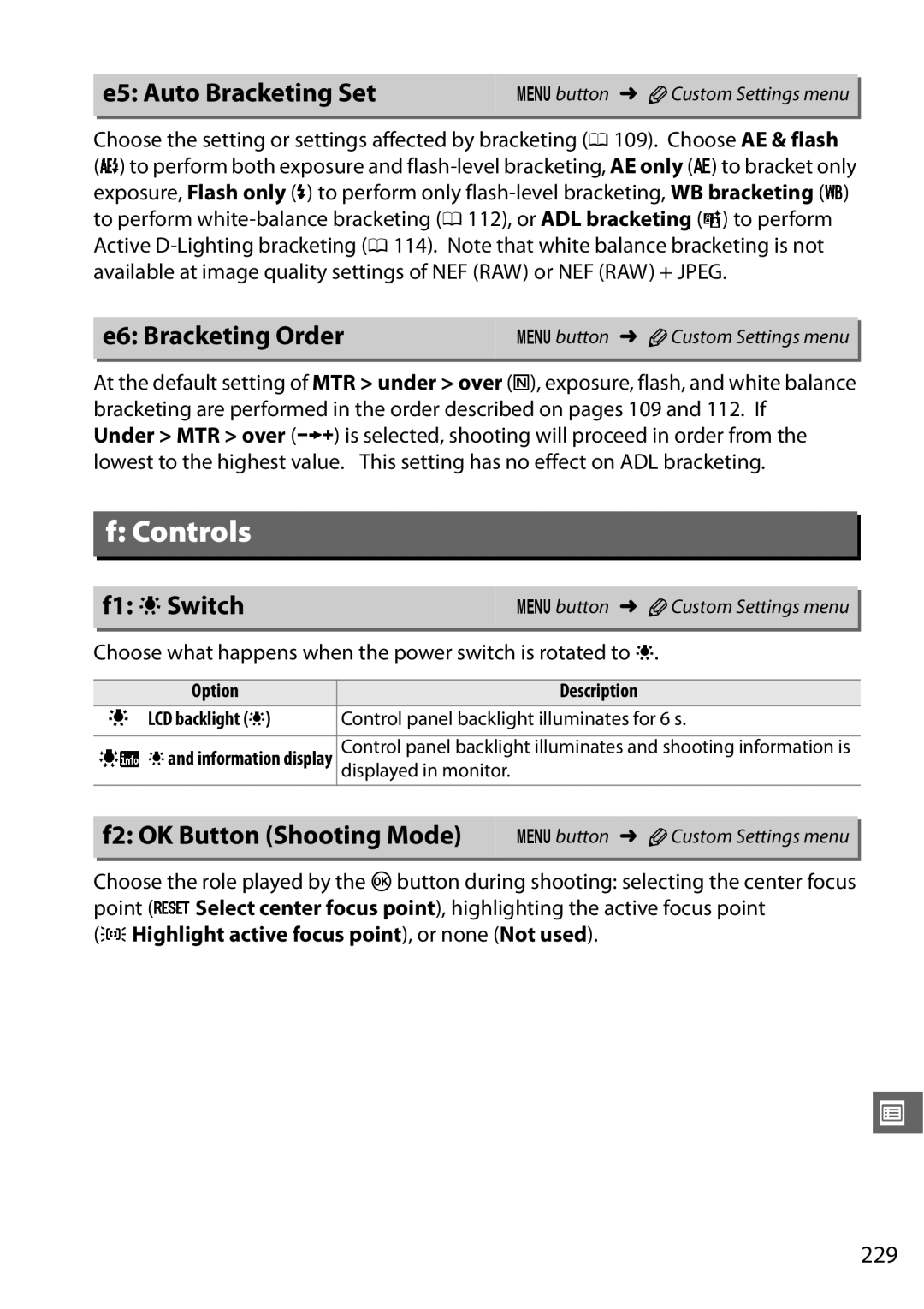 Nikon D7000 (18105mm Kit), 25474 E5 Auto Bracketing Set, E6 Bracketing Order, F1 DSwitch, F2 OK Button Shooting Mode, 229 