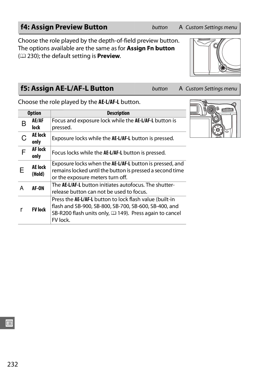 Nikon D7000 (18200mm Kit), D7000 18200mm Kit, D7000 (18105mm Kit) F4 Assign Preview Button, F5 Assign AE-L/AF-L Button, 232 