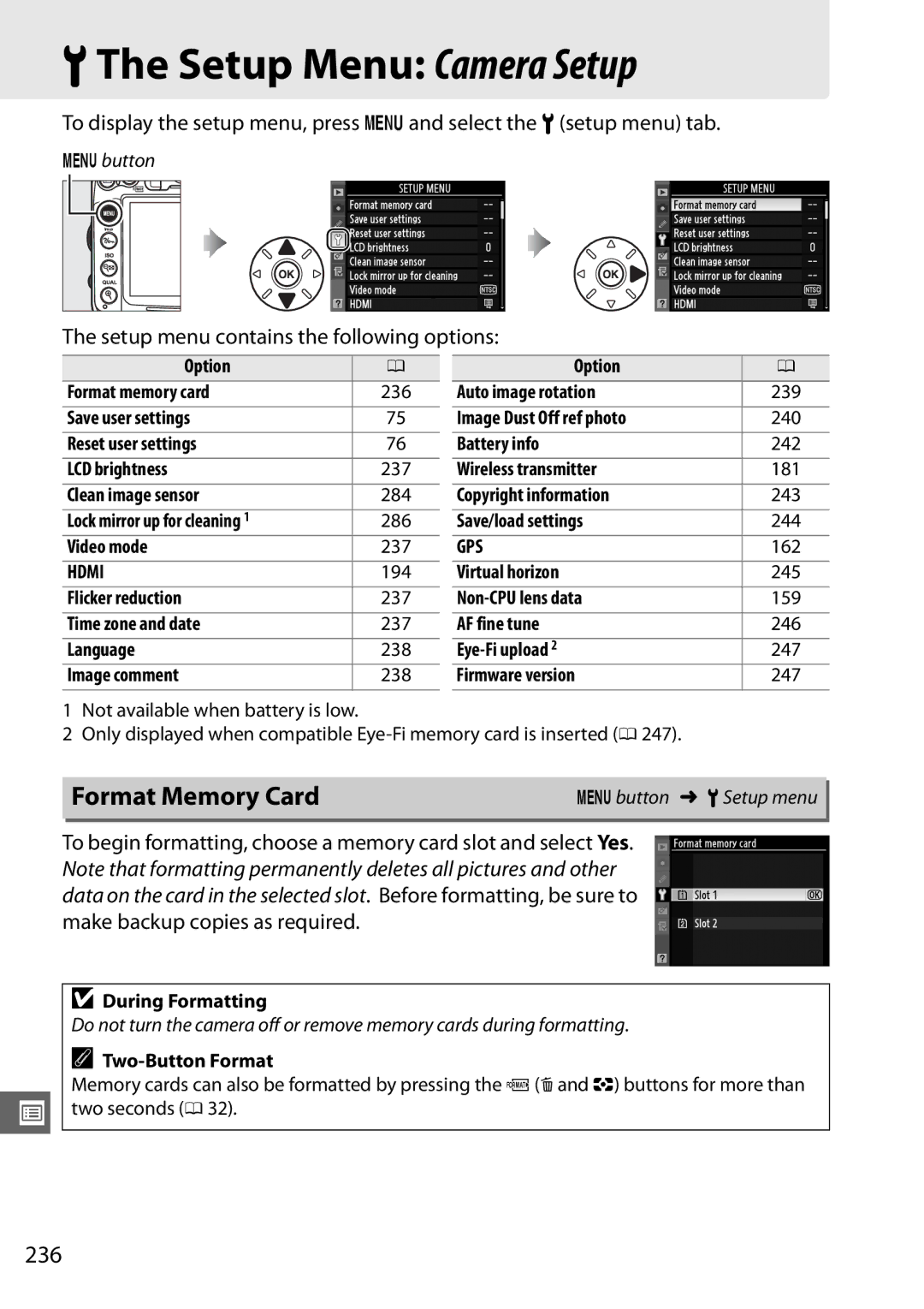 Nikon D7000 18200mm Kit BThe Setup Menu Camera Setup, Format Memory Card, 236, Setup menu contains the following options 