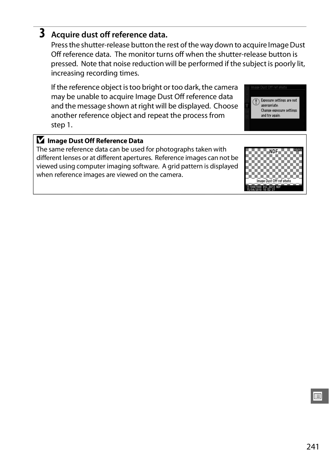 Nikon 25474, D7000 18200mm Kit, D7000 (18105mm Kit) Acquire dust off reference data, 241, Image Dust Off Reference Data 