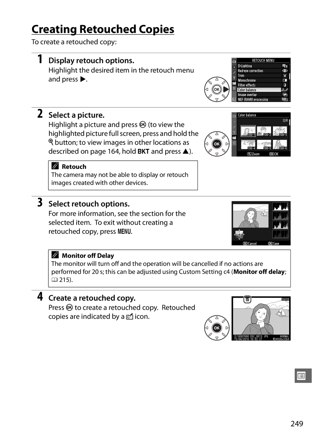 Nikon 25474 Creating Retouched Copies, Display retouch options, Select retouch options, Create a retouched copy, 249 