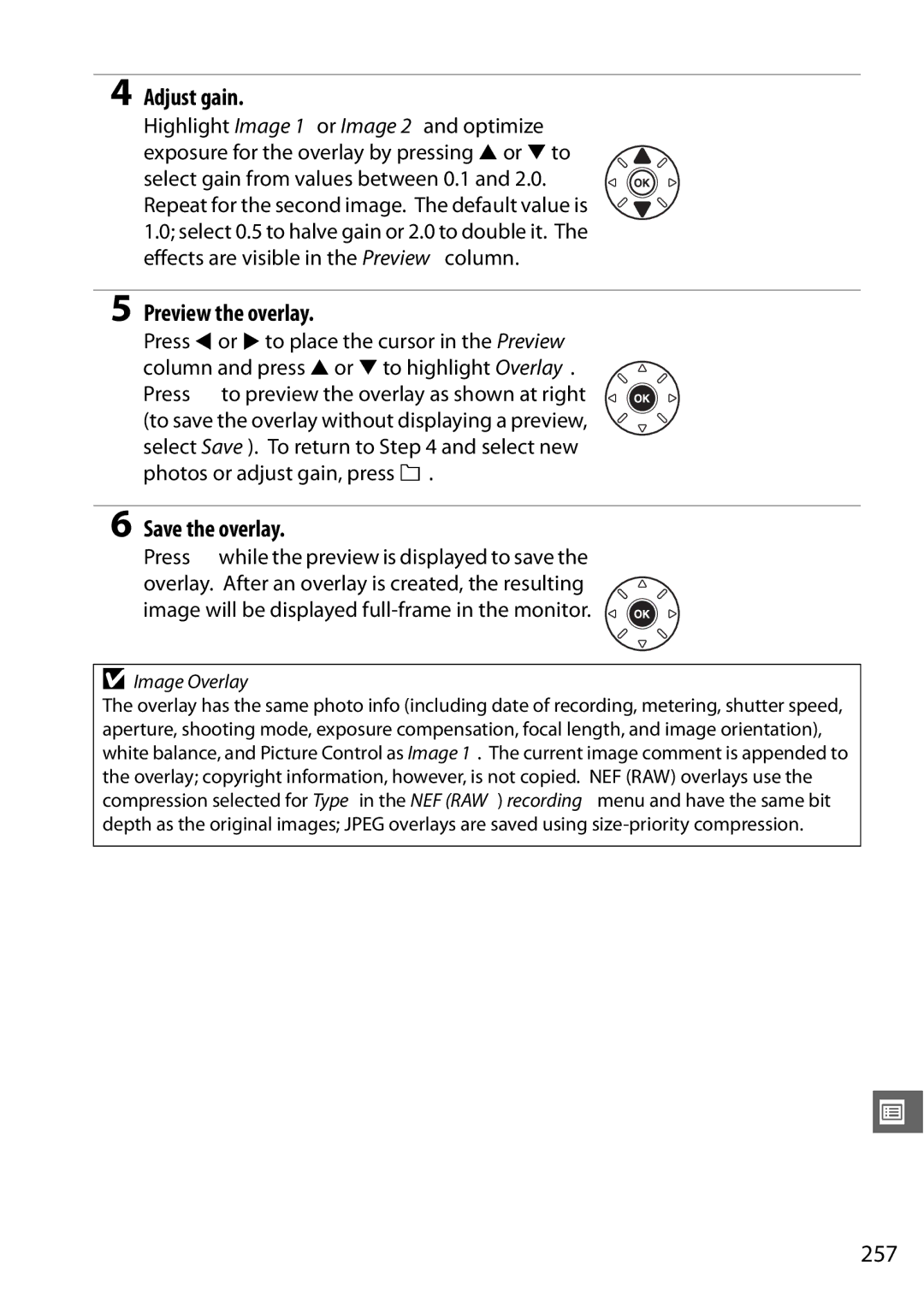 Nikon 25474, D7000 Adjust gain, Preview the overlay, Save the overlay, 257, Press Jwhile the preview is displayed to save 
