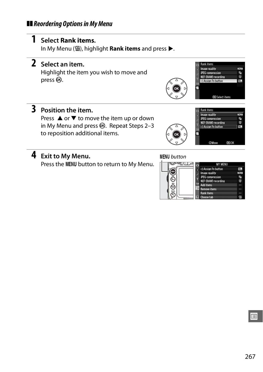 Nikon 25468B, D7000 18200mm Kit Reordering Options in My Menu, Select Rank items, Position the item, Exit to My Menu, 267 