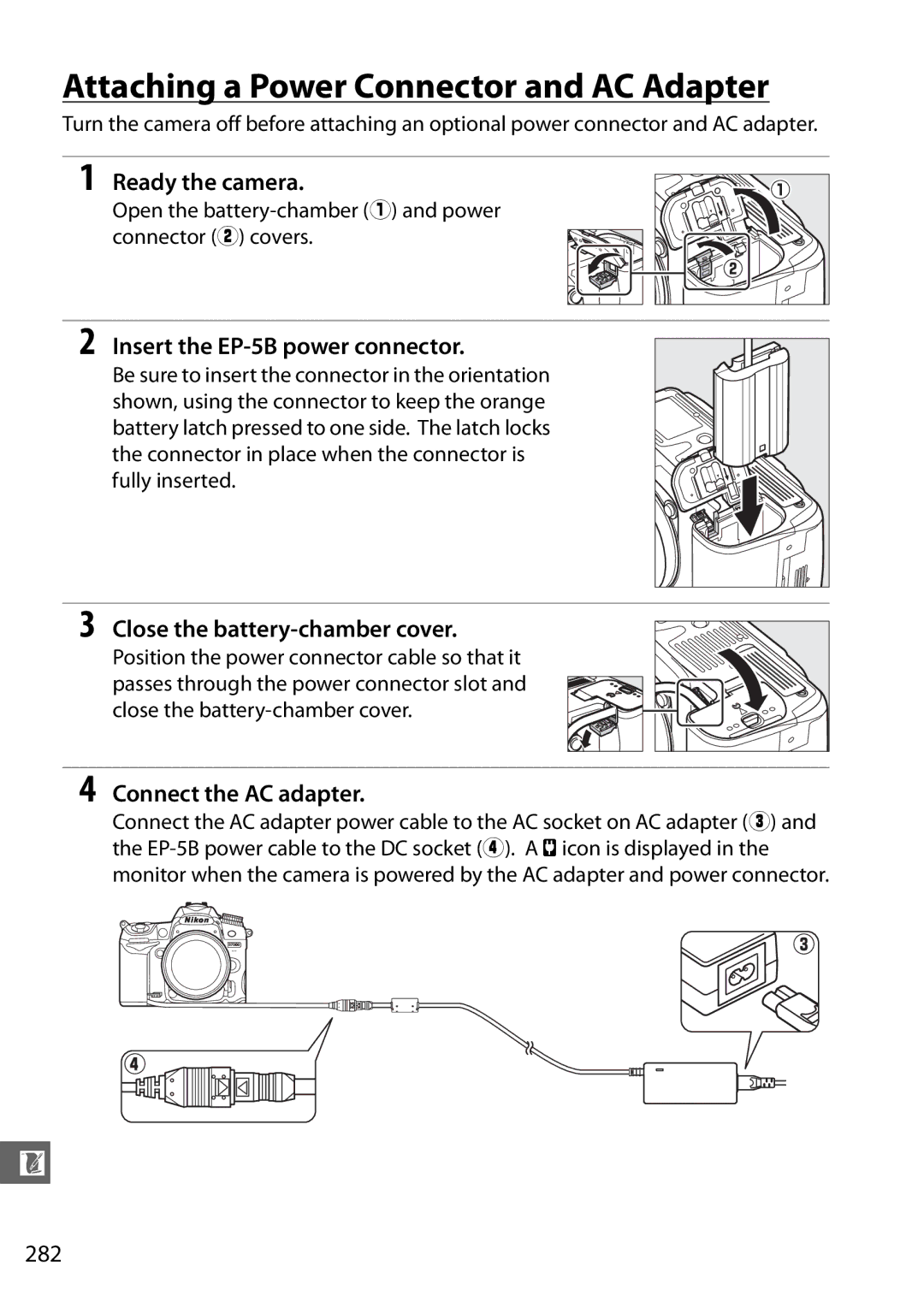 Nikon 25468 Attaching a Power Connector and AC Adapter, Insert the EP-5B power connector, Connect the AC adapter, 282 