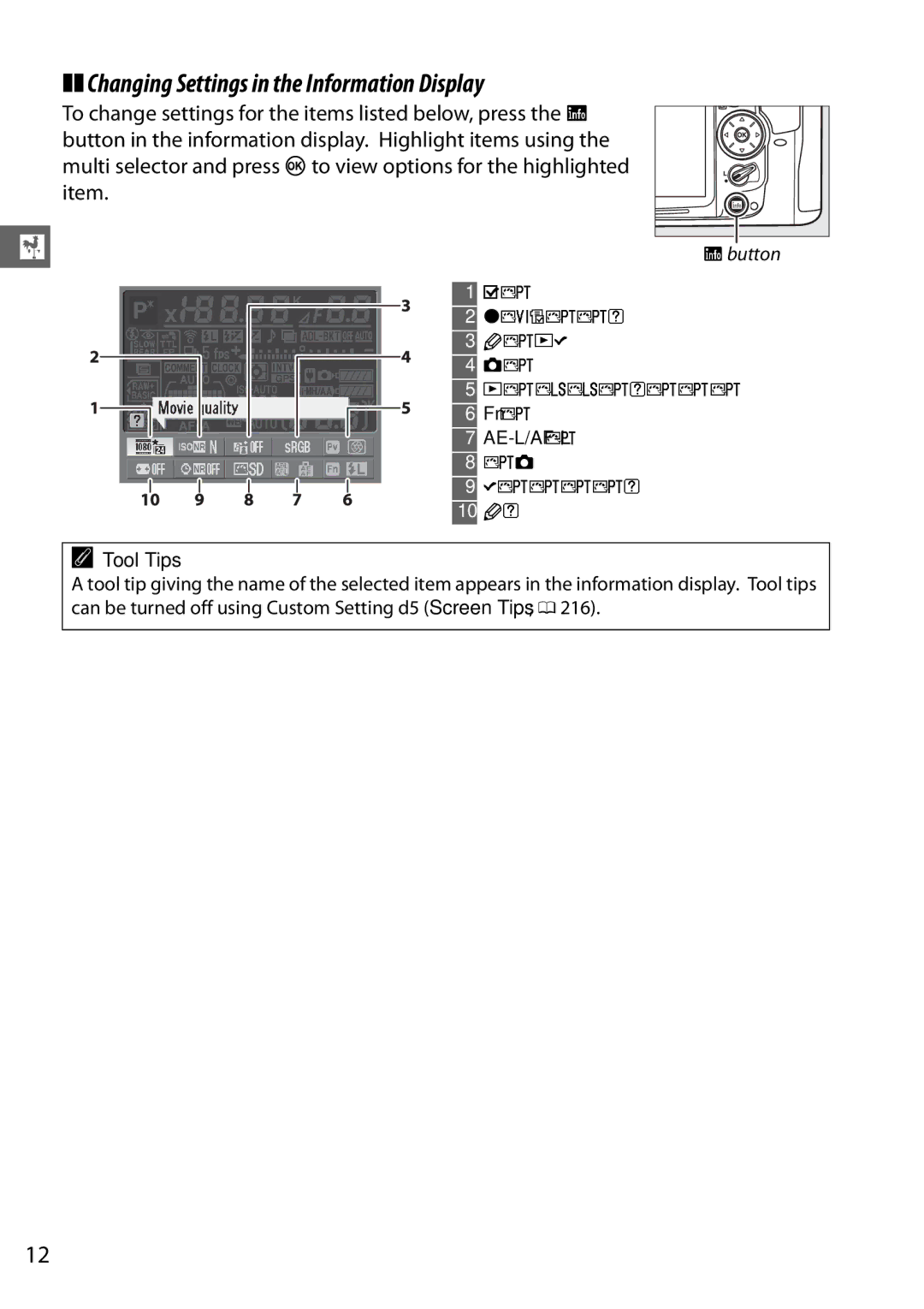 Nikon D7000 18200mm Kit, D7000 (18105mm Kit), D7000 18105mm Kit Changing Settings in the Information Display, Tool Tips 