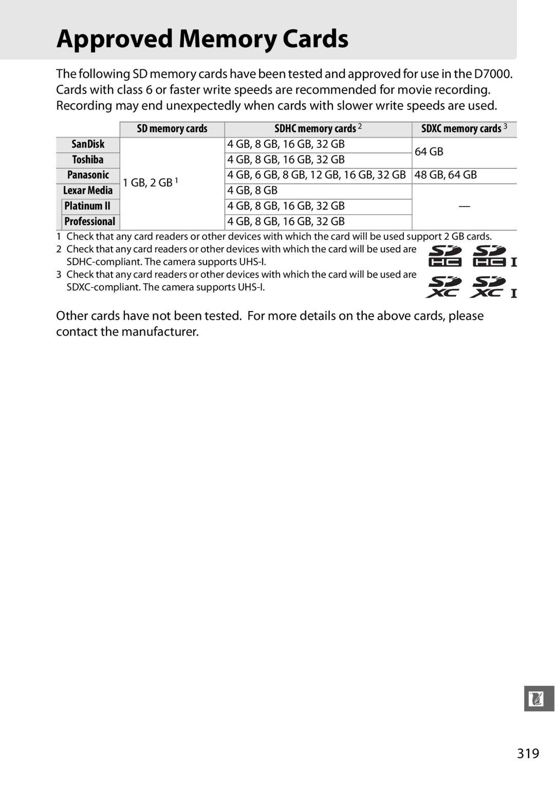 Nikon D7000 18200mm Kit, D7000 (18105mm Kit), D7000 18105mm Kit, 25474 Approved Memory Cards, 319, Sdhc memory cards 