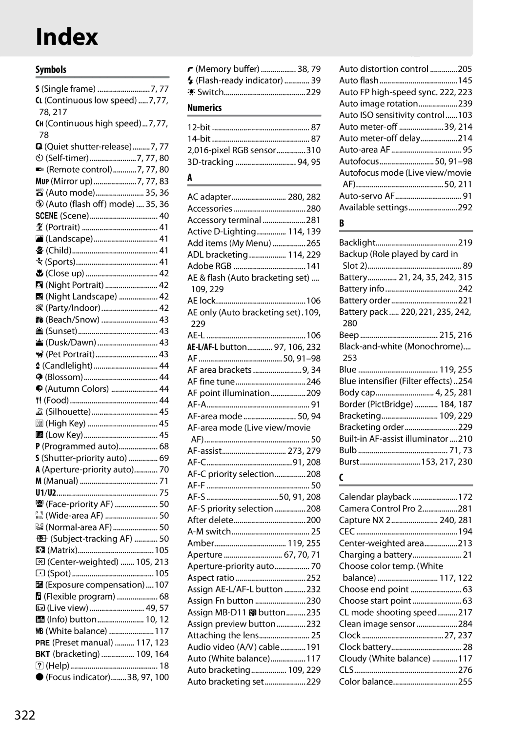 Nikon D7000 18200mm Kit, D7000 (18105mm Kit), D7000 18105mm Kit, D7000 (18200mm Kit), 25474, 25468B user manual Index, 322 