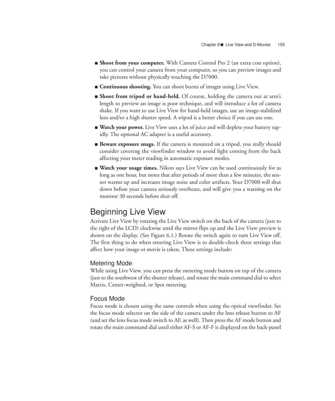 Nikon D7000 manual Beginning Live View, Metering Mode, Focus Mode 