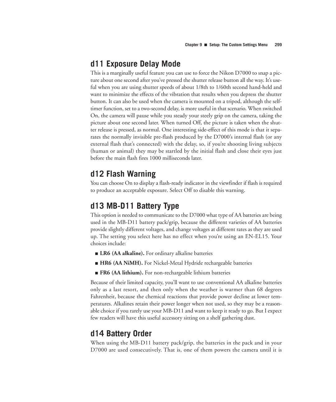 Nikon D7000 manual D11 Exposure Delay Mode, D12 Flash Warning, D13 MB-D11 Battery Type, D14 Battery Order 