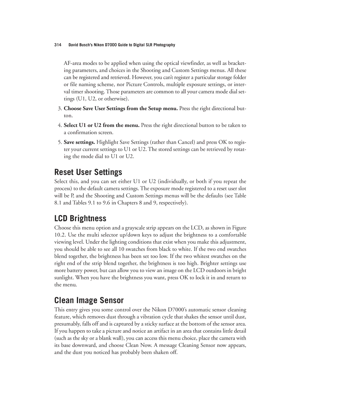 Nikon D7000 manual Reset User Settings, LCD Brightness, Clean Image Sensor 